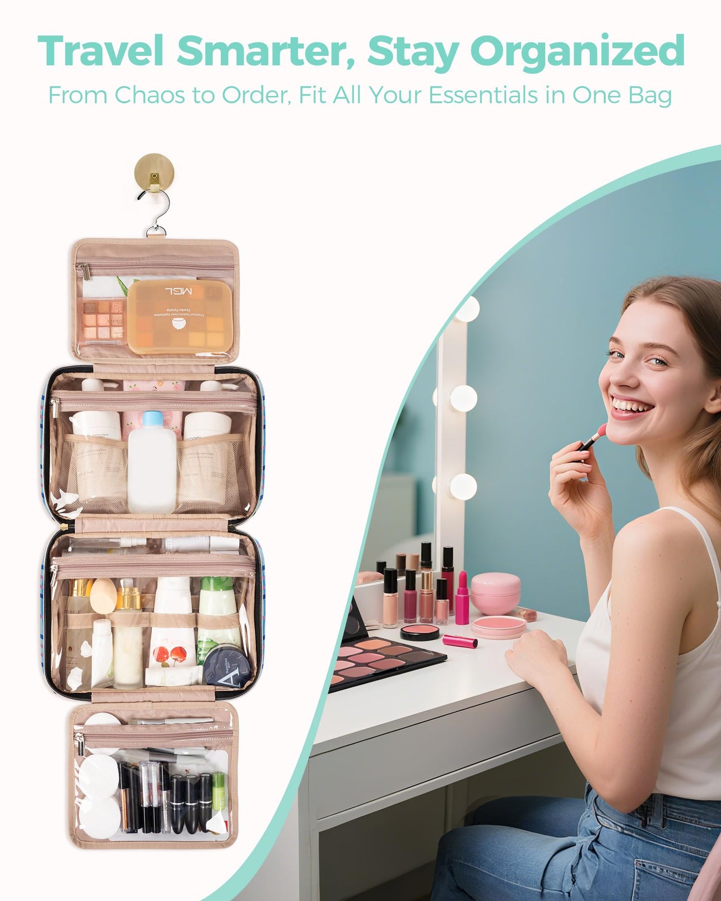 BALULHG Travel Hanging Toiletry Bag for Women, Water-Resistant Cosmetic Organizer with 4 Compartments & 360° Swivel Hook, TSA-Approved Makeup Bag for Shampoo, Full Sized Container, Toiletries (Pink)