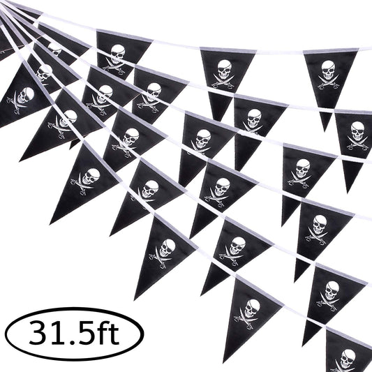 Whaline 31.5ft Halloween Jolly Roger Banner, Skull Pirate Flags 30Pcs Triangle Flags Bunting for Halloween Party Pirate Party and Outdoor Decoration, Vivid Color and UV Fade Resistant