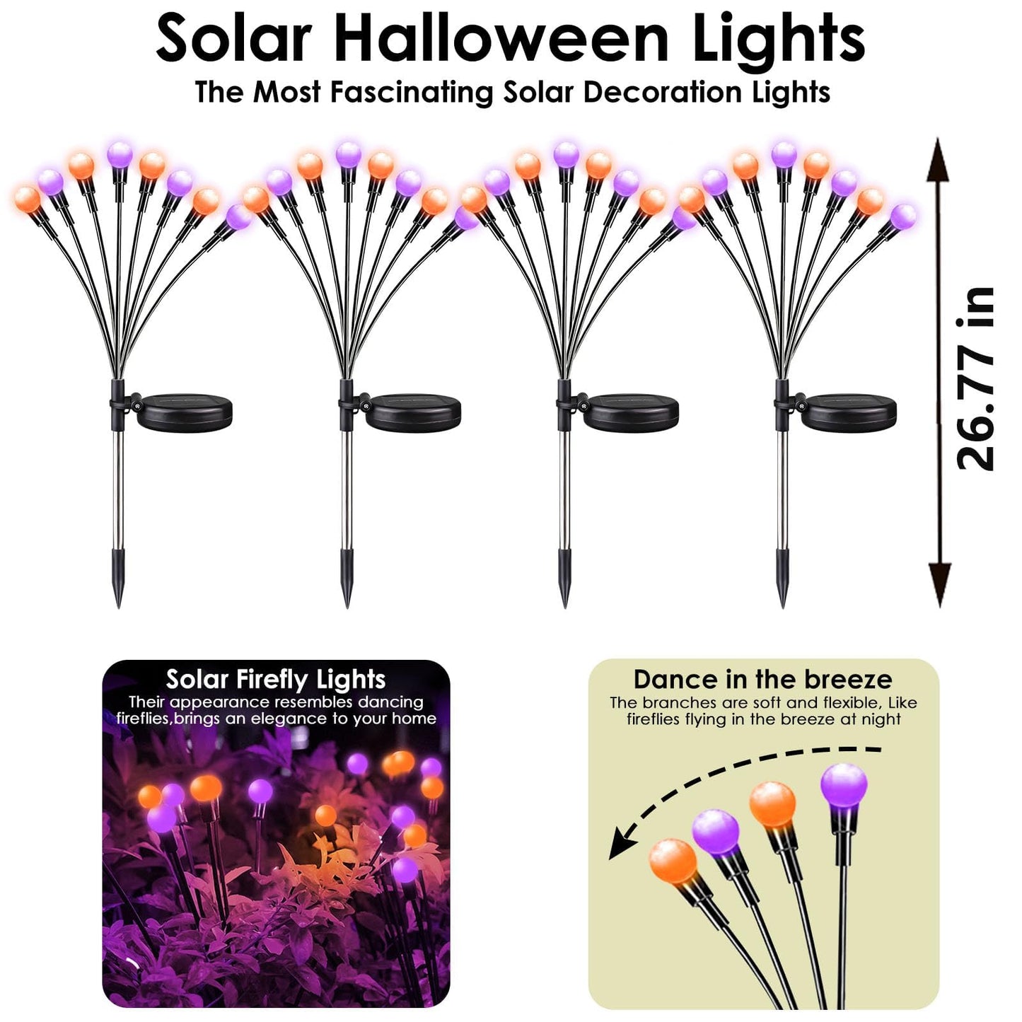 6Pack Total 48 LED Purple and Orange Solar Halloween Lights Outdoor - Solar Firefly Lights Outdoor, Sway by Wind, Waterproof for Garden Patio Pathway Halloween Decorations