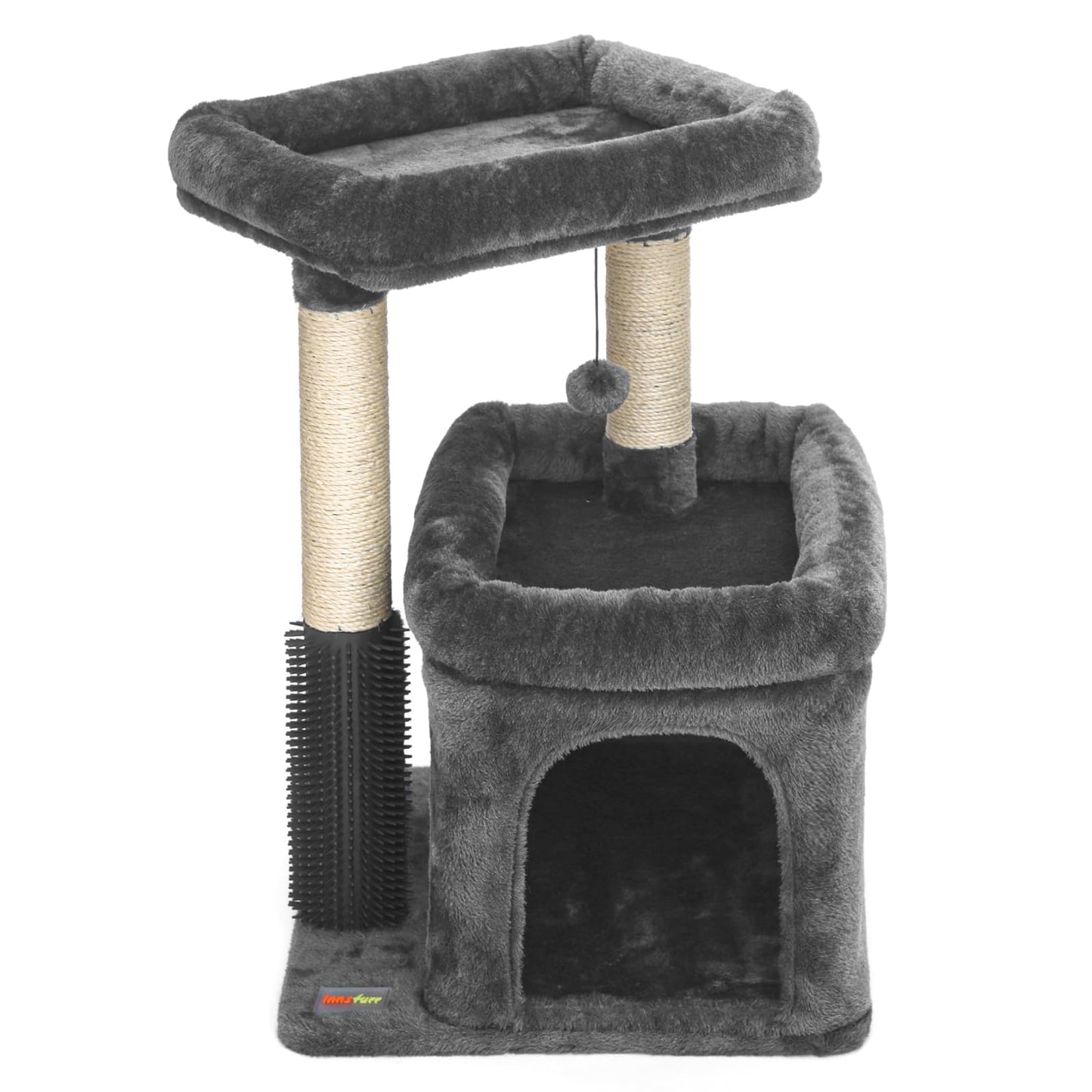Innsfurr Small Cat Tree for Indoor Cats, Cat Tower with Scratching Posts for Multiple Cats, Plush Cozy Perch, Cat Massage Brush, Activity Hanging Pompoms, Dark Grey