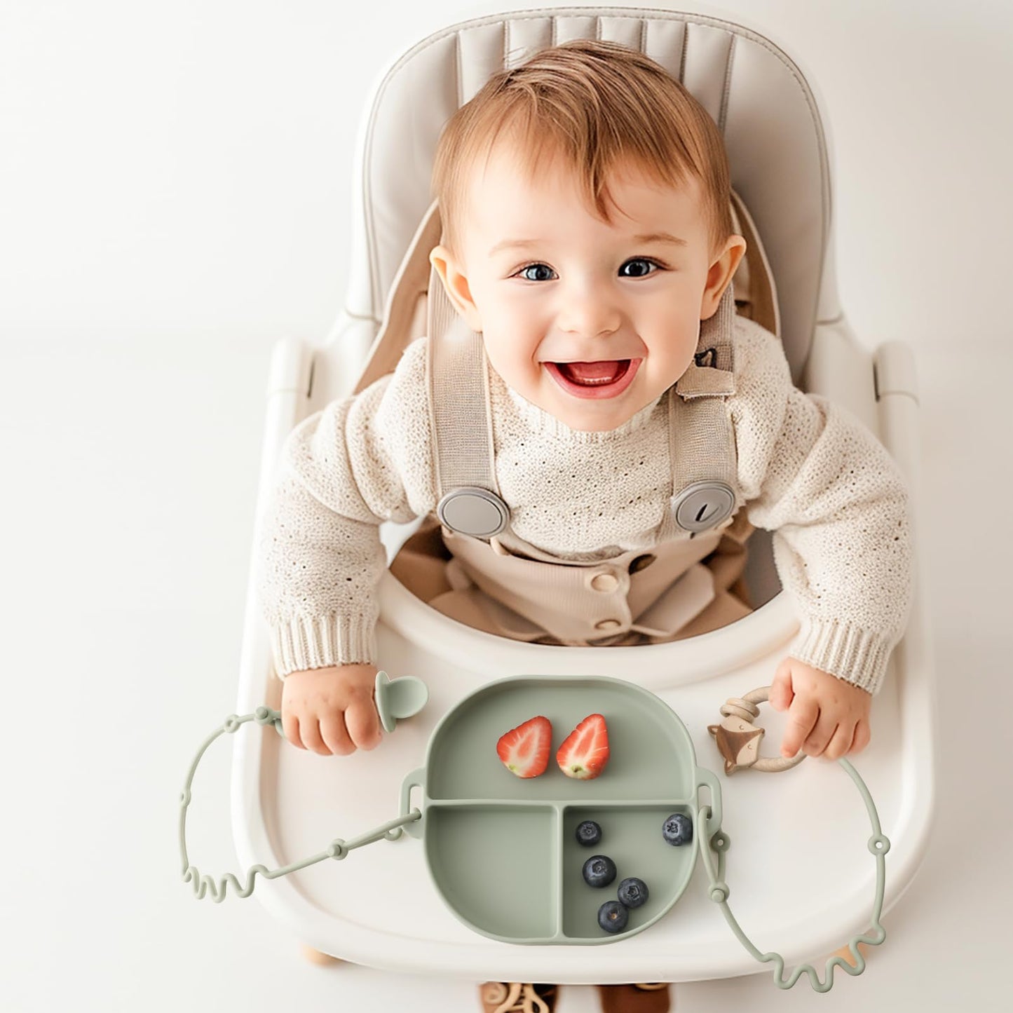 Andy Bear Silicone Plates for Babies with Suction Divided Baby Spoons Silicone Baby Toy Straps All-in-one Plates Silicone Placemat for Babies Toddlers Attachable Tethers & Built-in Suction Cups-Sage