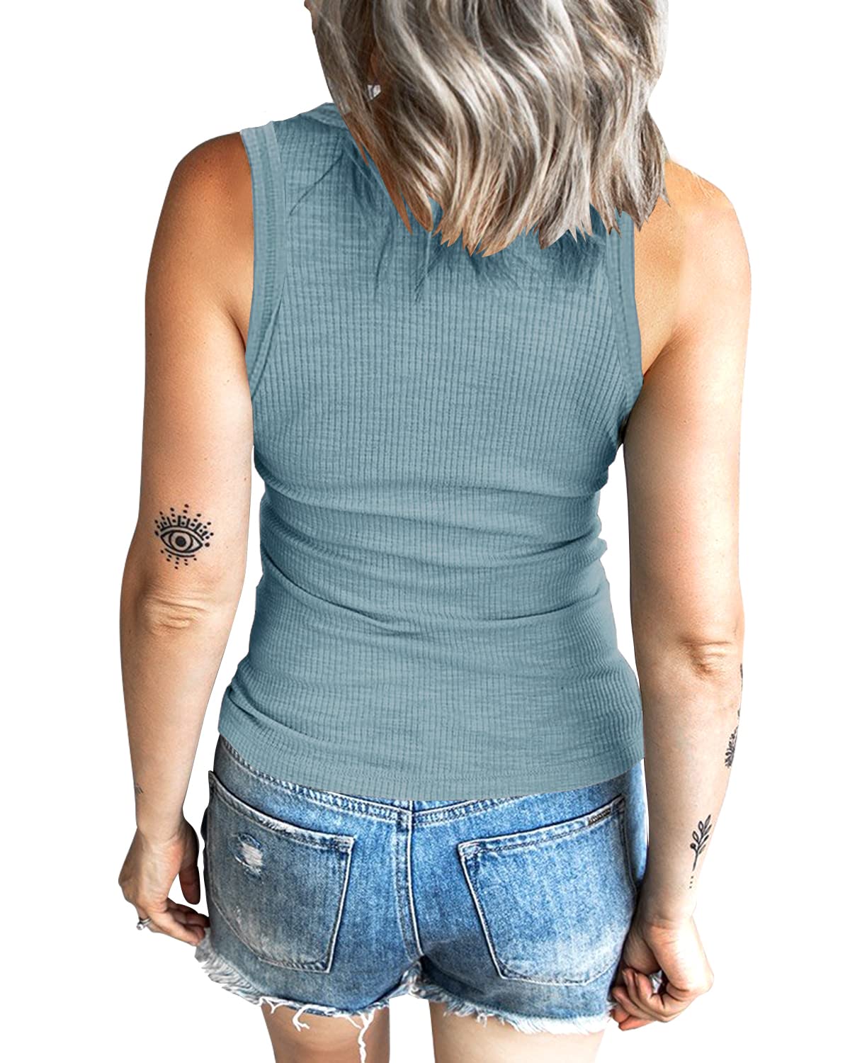 HERILIOS Women's Tank Tops Ribbed V Neck Sleeveless T Shirts Summer Slim Fitted Basic Tee Tops Crew Neck Cami Shirt