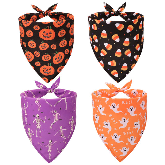 ADOGGYGO 4 Pack Halloween Dog Bandana, Pumpkin Ghost Dog Scarf Bib, Pet Halloween Bandanas Costume Accessories for Medium Large Dogs (Large)
