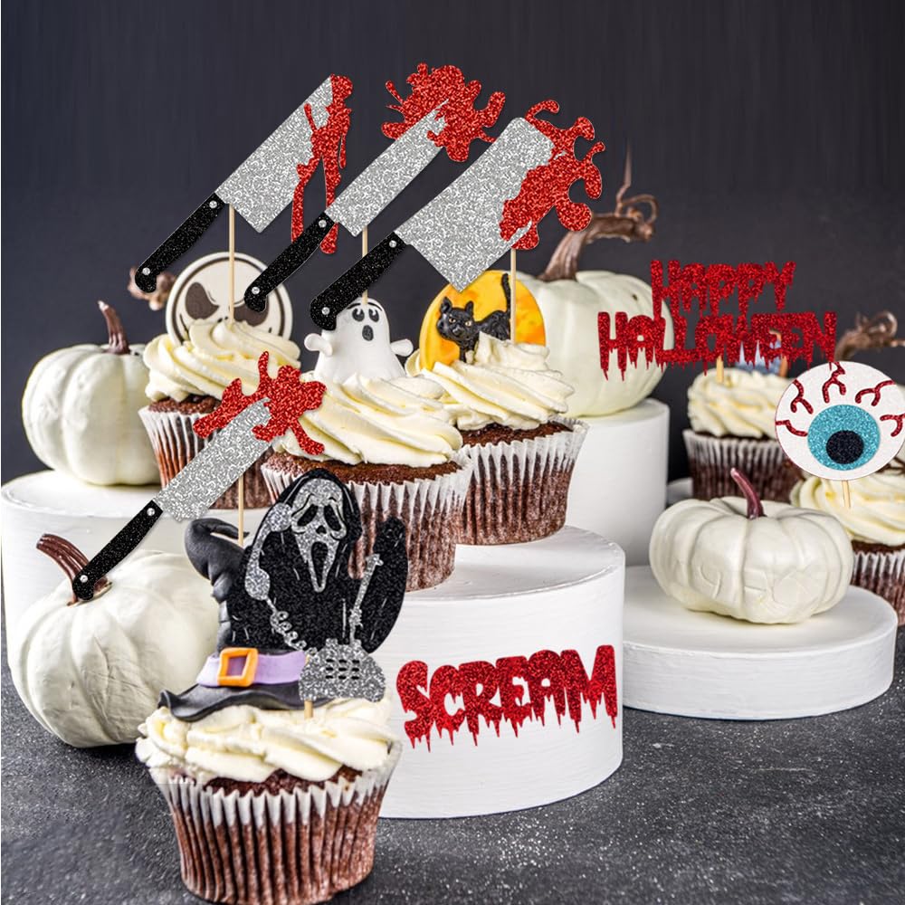 Wolpark 25pcs Have a Killer Halloween Cake Toppers Glitter Scream Cupcake Toppers Ghost Face Decorations for Scream Theme Birthday Halloween Party Cake Decorations Supplies