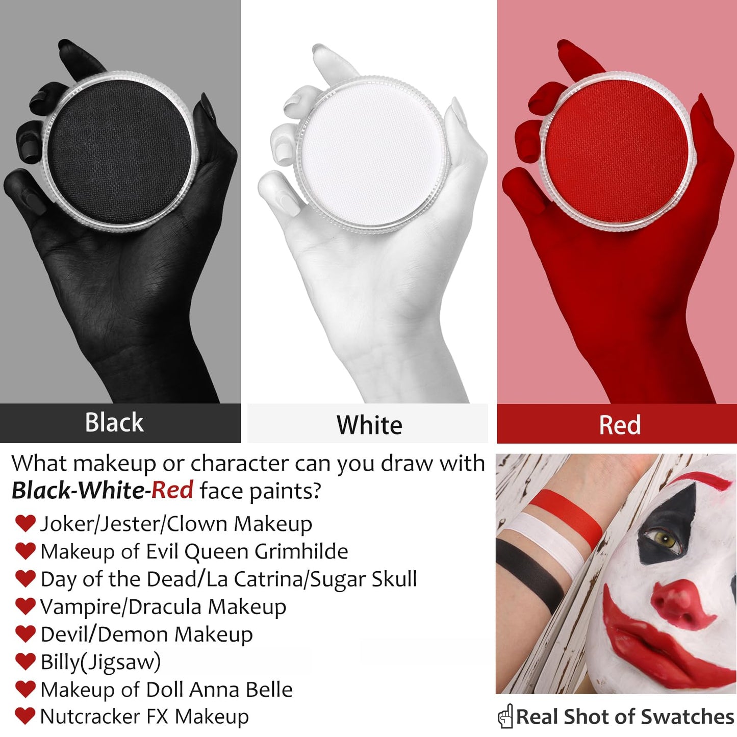 White Black Red Joker Clown Face Body Paint with Brushes for Halloween Makeup, Water Based Face Painting Kit Non Toxic for Kids & Adults, Facepaint Set for Skull Witch Goth Vampire SFX Cosplay Make Up
