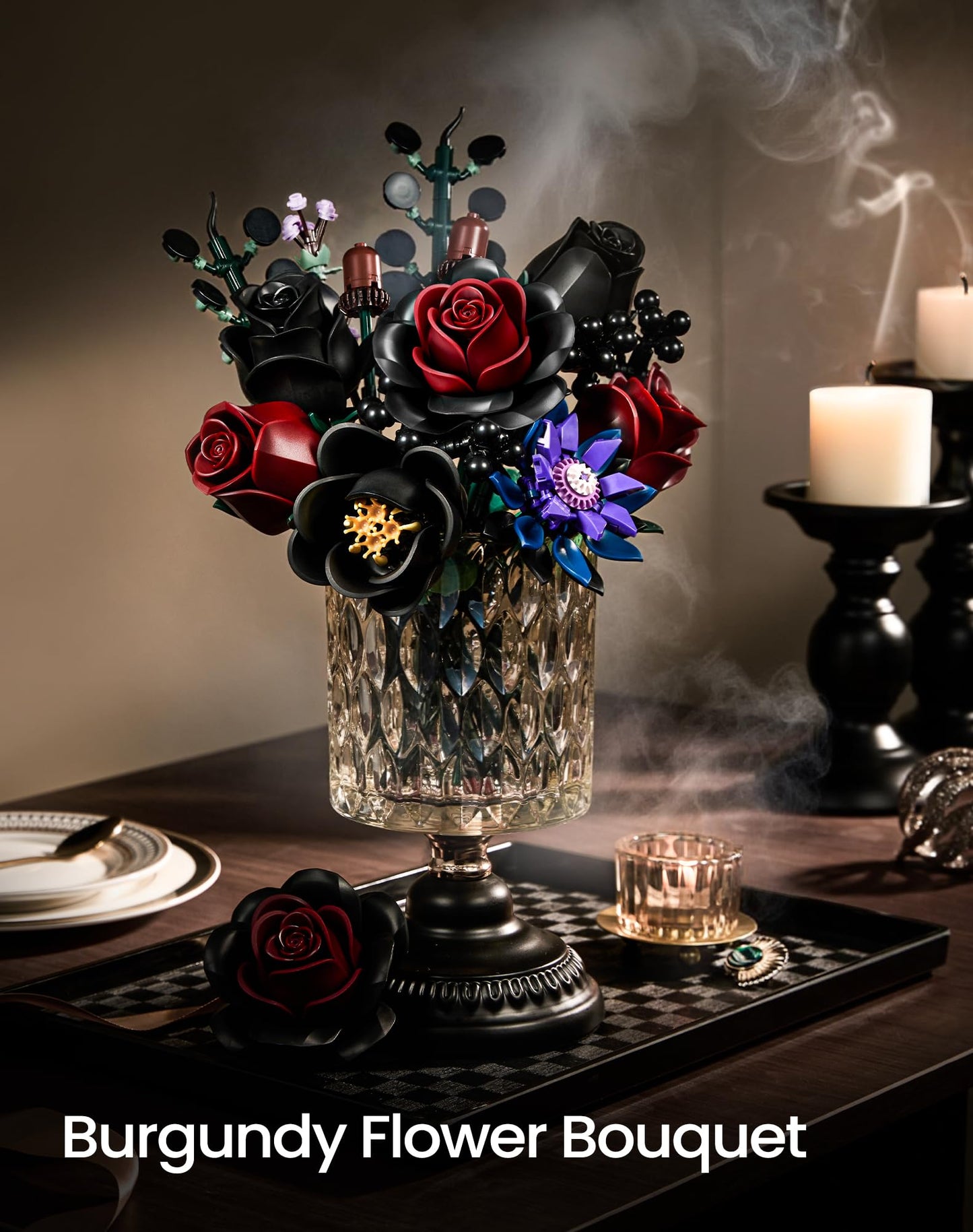 iATOM Halloween Black Burgundy Red Rose Bouquet Building Set, Compatible with Lego Flowers for Adults - Gothic Botanical Collection - Artificial Flowers Home Table Centerpieces Decor - IA1015