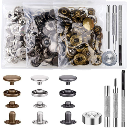 45 Set Leather Snap Fasteners Kit, 15mm Stainless Steel Leather Snaps Kit with 4 Install Tools, 3 Color Snaps for Clothes, Jacket, Down Jeans Wears, Bracelets, Bag, DIY Crafts