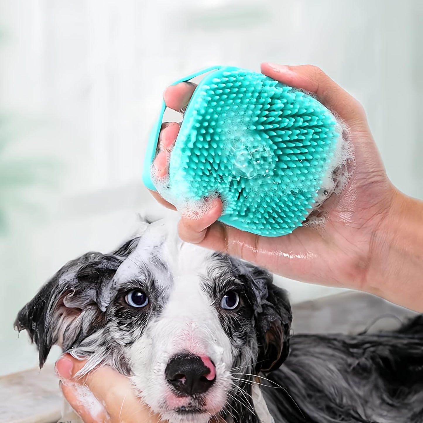 Bath Brush Scrubber Soft Silicone Pet Shower Grooming Shampoo Massage Dispenser For Short Long Haired Dogs And Cats (Blue+Pink)