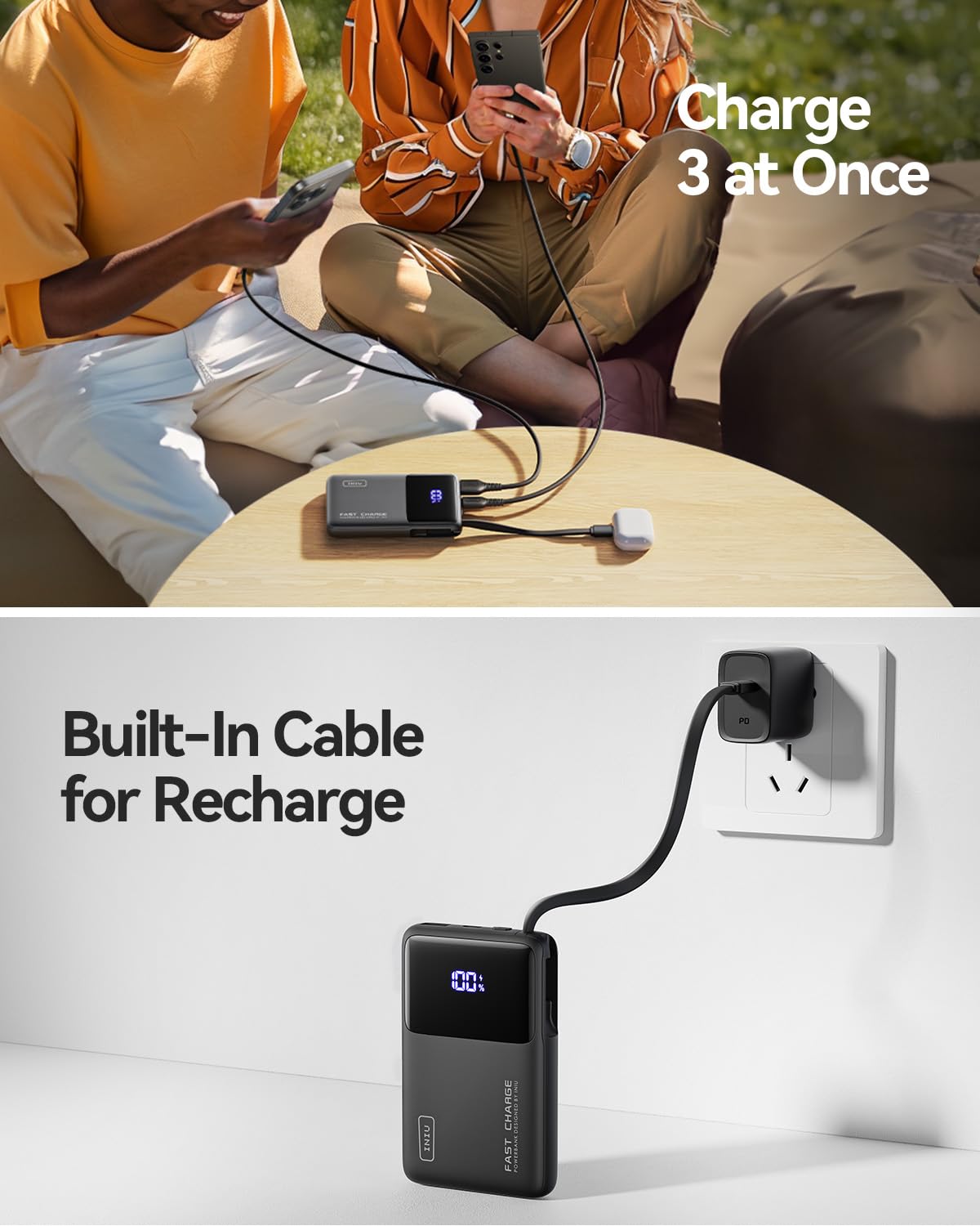 INIU 45W Power Bank, Slimmest 10000mAh Portable Charger with Build in USB-C Cable, Fast Charging USB C in&Out Battery Pack, Travel External Phone Charger for iPhone 16 15 Samsung S24 S23 Google etc