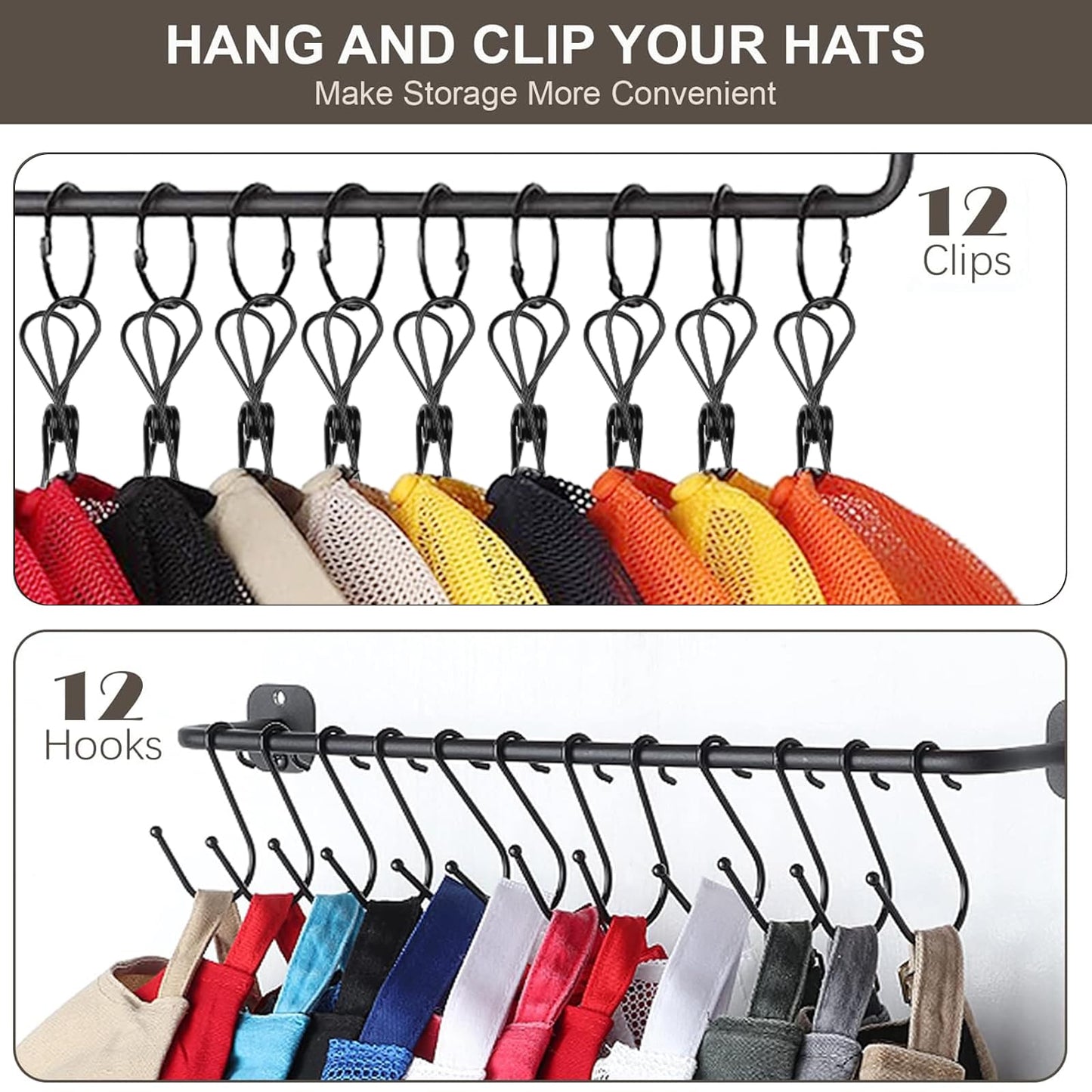 HYDERMUS Hat Rack for Wall with Shelf for 24 Baseball Caps Metal Hat Organizer with 12 Clips and 12 Hook Hat Holder Wall Mounted for Baseball Caps Trucker Hat and Others Hat Weathered Walnut