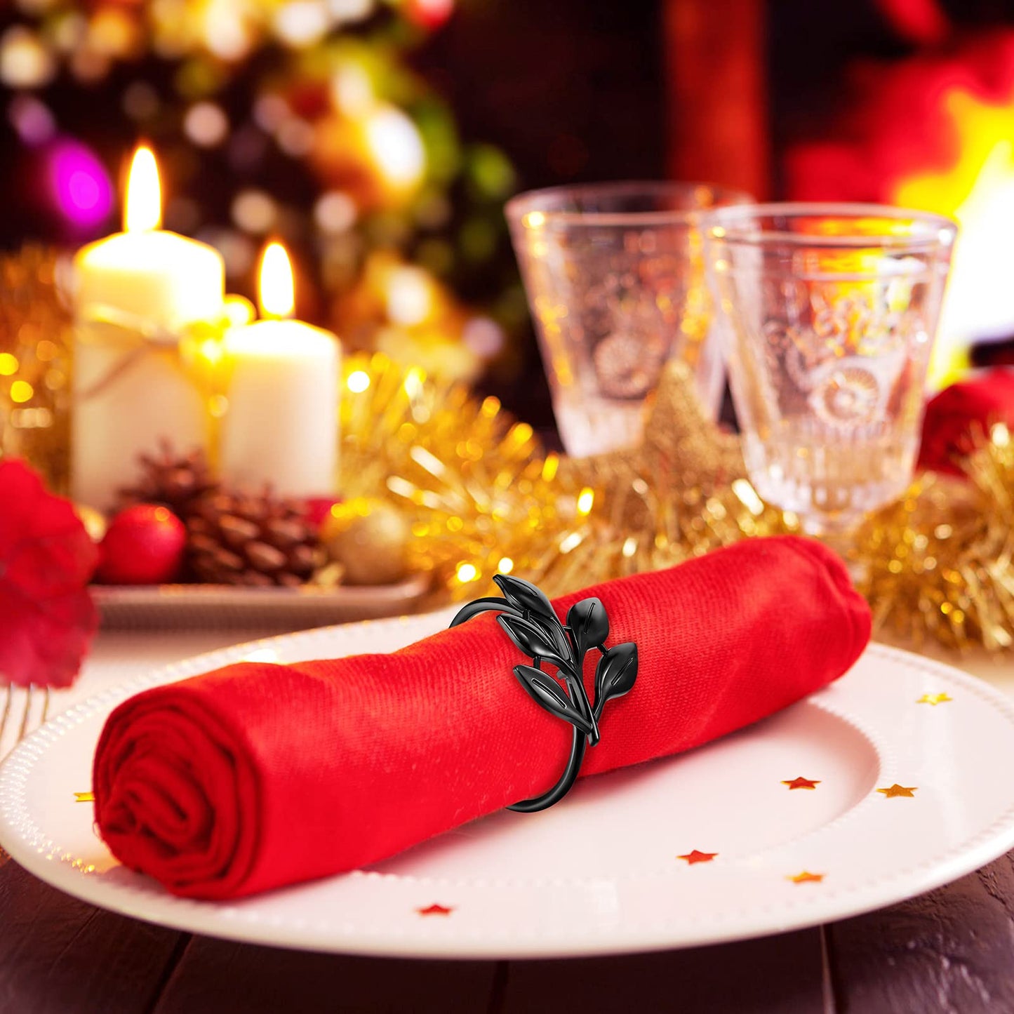 WILLBOND 6 Pieces Leaf Napkin Rings Holders Fall Party Napkin Rings for Christmas Thanksgiving Parties, Wedding Adornment, Table Decoration Accessories (Black)