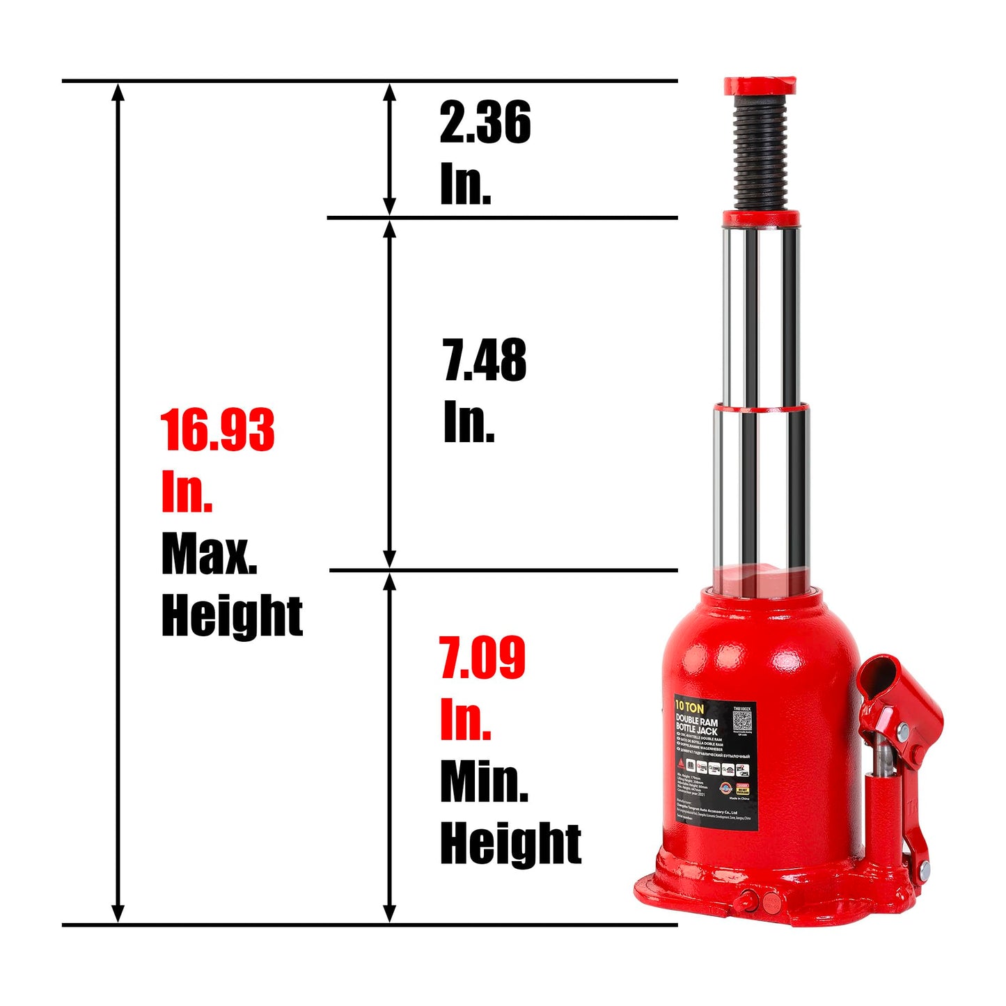 BIG RED 10 Ton (20,000 LBs) Torin Double Ram Welded Hydraulic Car Bottle Jack for Auto Repair and House Lift, Red, ATH81002XR