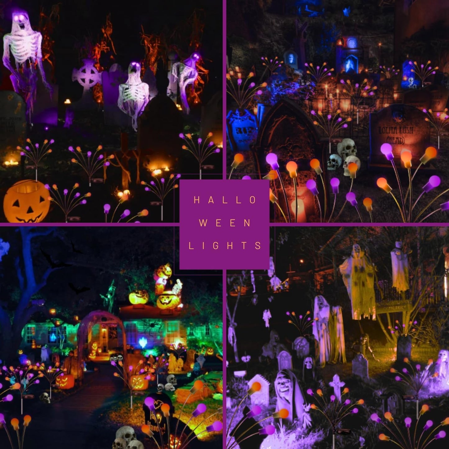 6Pack Total 48 LED Purple and Orange Solar Halloween Lights Outdoor - Solar Firefly Lights Outdoor, Sway by Wind, Waterproof for Garden Patio Pathway Halloween Decorations