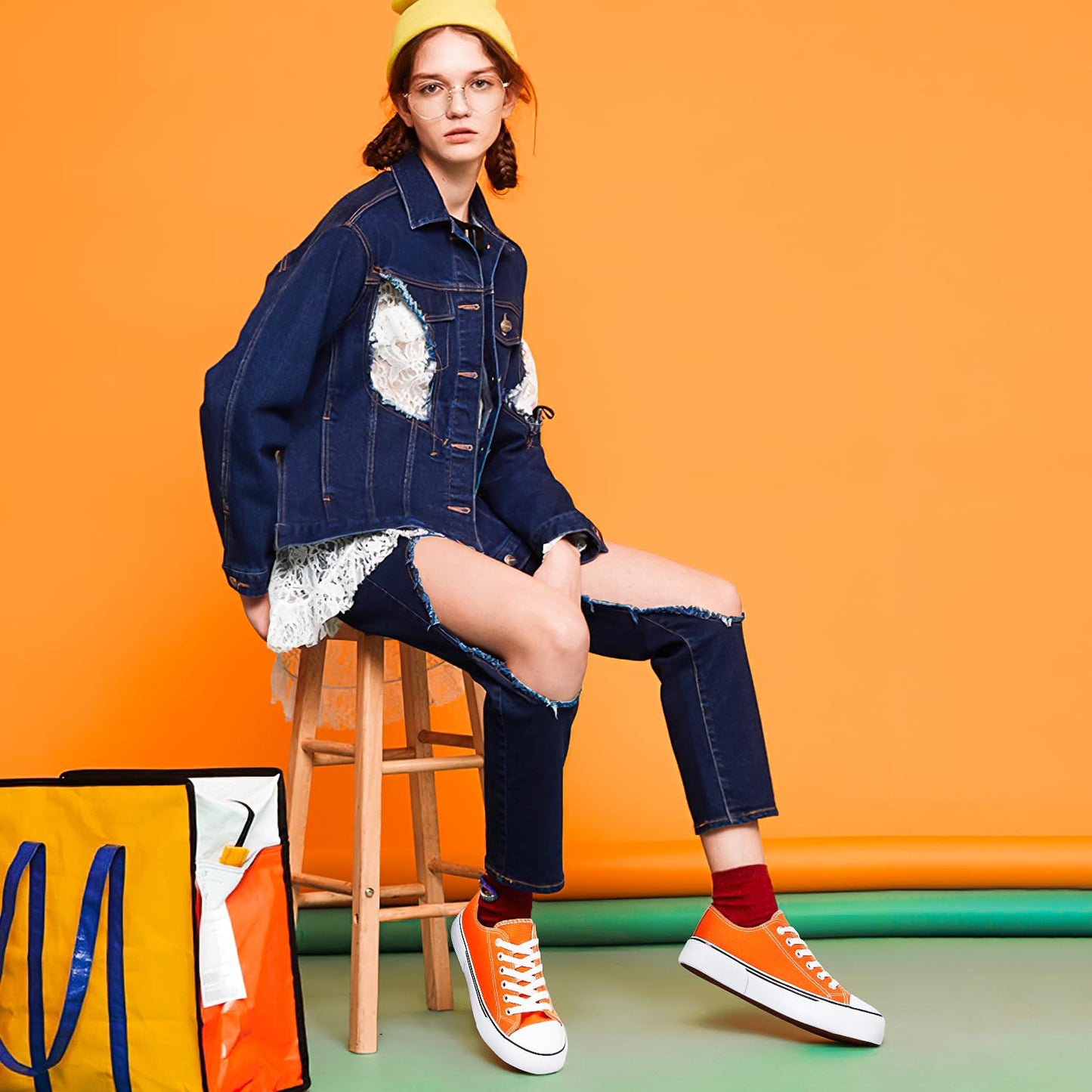 Adokoo Canvas Tennis Shoes for Women Low Top Casual White Black Sneakers for Women Lace Up Fashion Comfortable Walking Shoes (Orange,7)