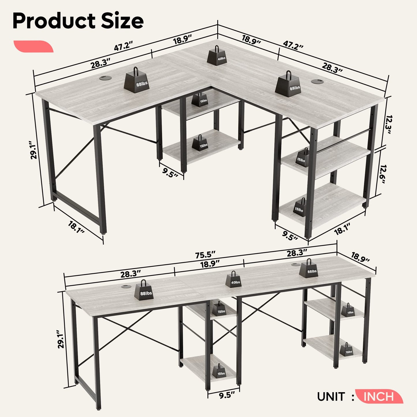 Bestier L Shaped Desk with Shelves 75 Inch Reversible Corner Computer Desk or 2 Person Long Table, Writing Study Desk for Home Office Small Space Bedroom Apartment, Wash White