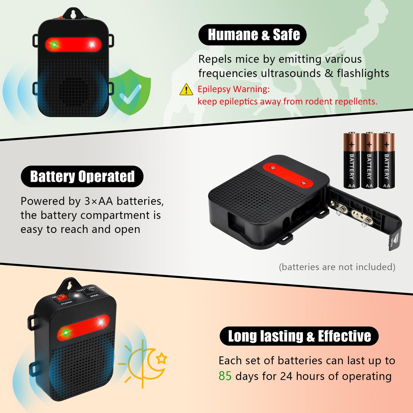 Angveirt Ultrasonic Rodent Repellent Under Hood Battery Operated Pest Repeller Humane Mouse Repellent for Car Engines Basement Garage Attic Rat Mice Deterrent 2 Pack