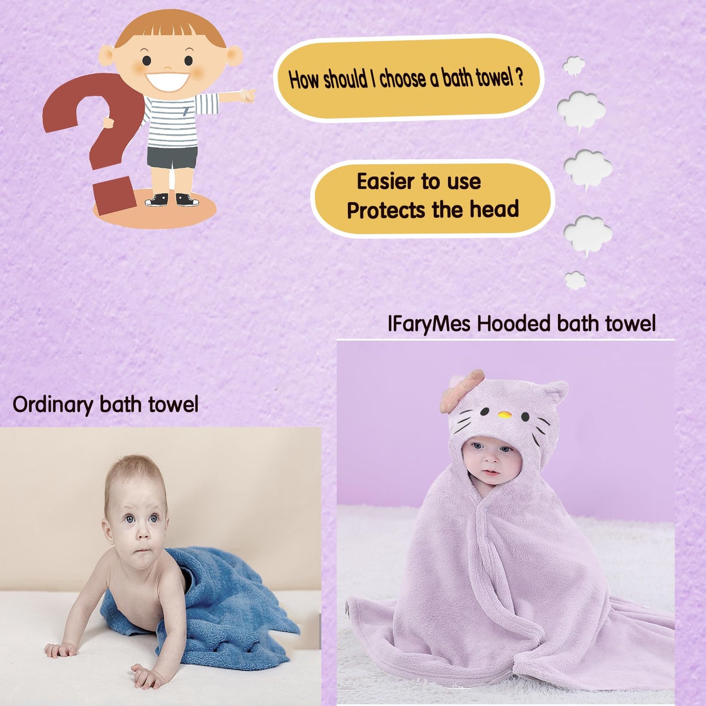 IFaryMes Toddler Bath Towel Baby Towels with Hood 27.5"X55" Ultra Absorbent Soft Bathrobe Blanket Kids Shower Towel for Girls and Boys(Purple-Cat)
