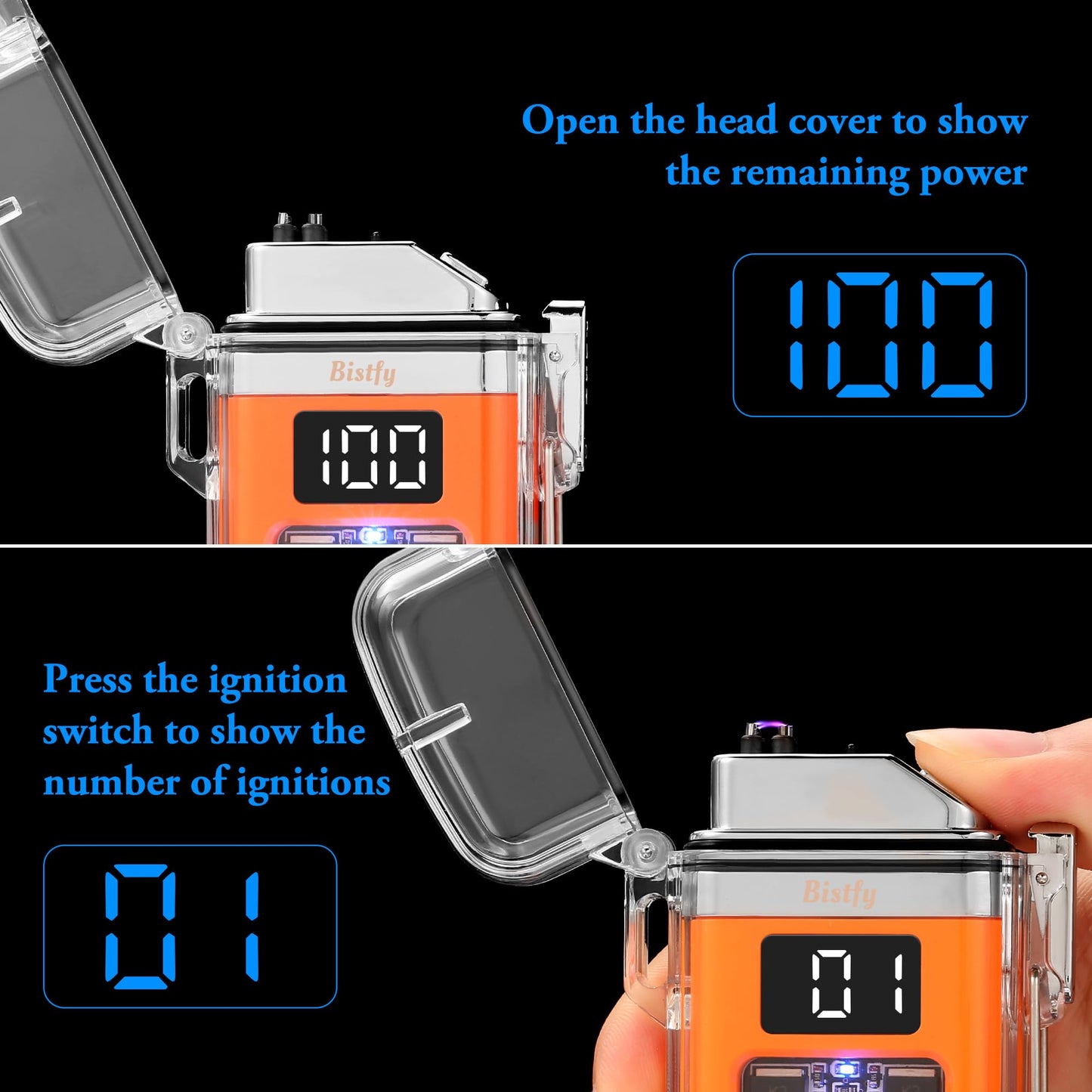 Bistfy Electric Lighter With Digital Display and Flashlight - Type C Rechargeable USB, Plasma Arc, Waterproof and Windproof Flameless Cool for Camping, Hiking, Outdoor Activities