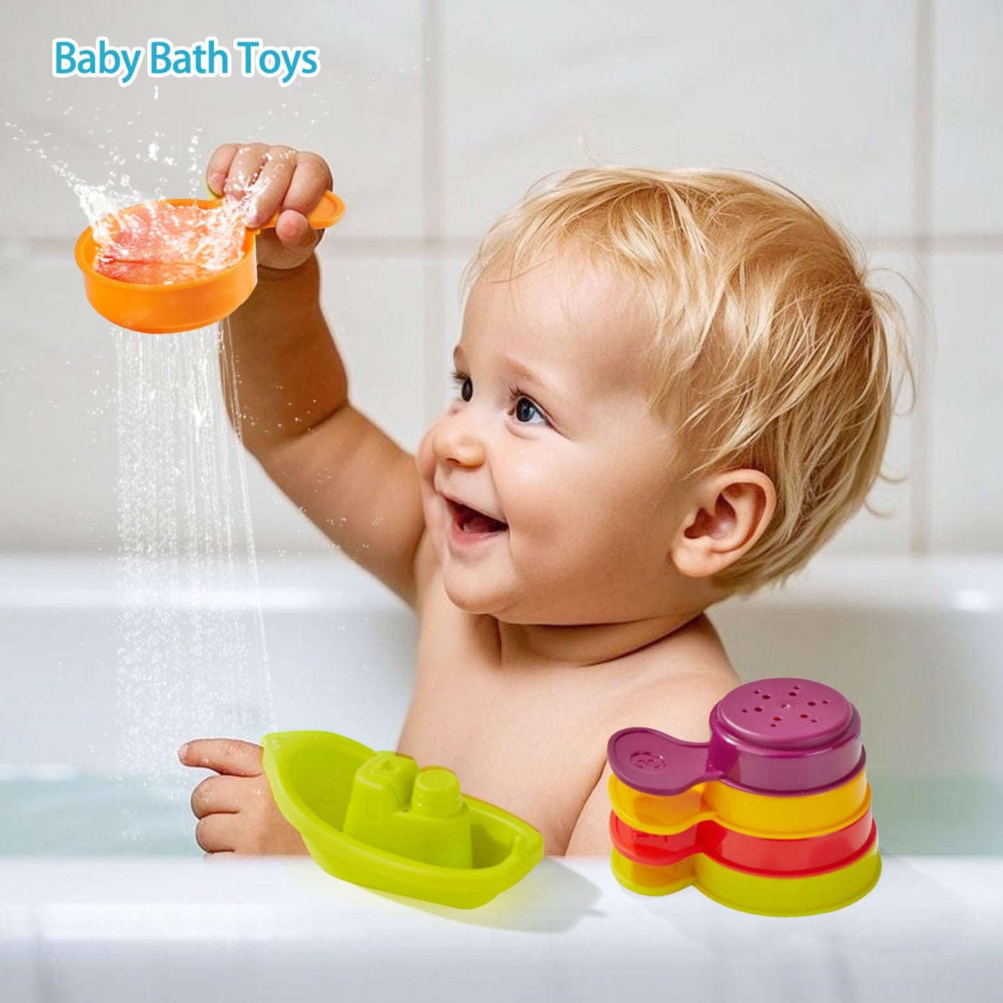 Baby Bath Toys for Kids Ages 1-3, 11PCS Mold Free Bath Toys for Toddlers with Floating Boats & Bath Spoons, Bathtub Water Pool Toys for Babies and Toddlers