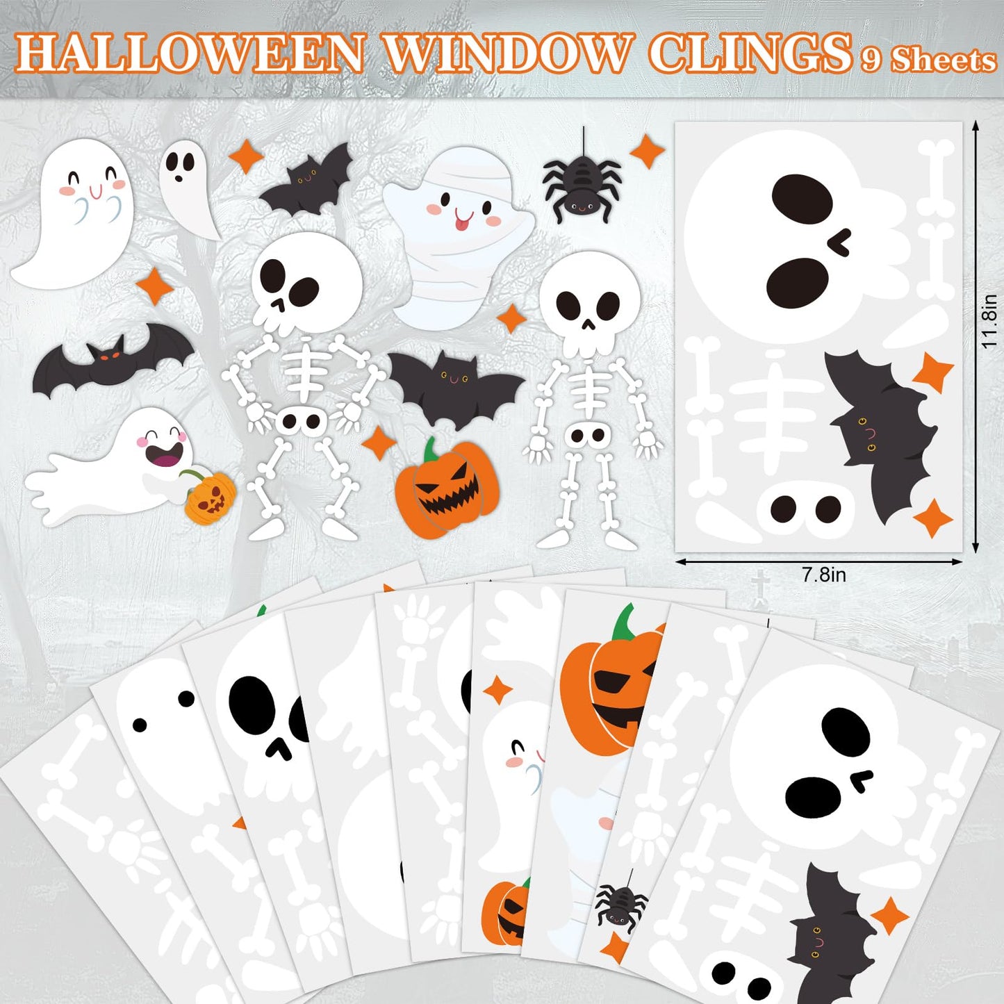 Whaline 9 Sheet Halloween Window Clings Cute Cartoon Ghost Pumpkin Skeleton Reusable Window Decals for Home Classroom Office Haunted Party Decor