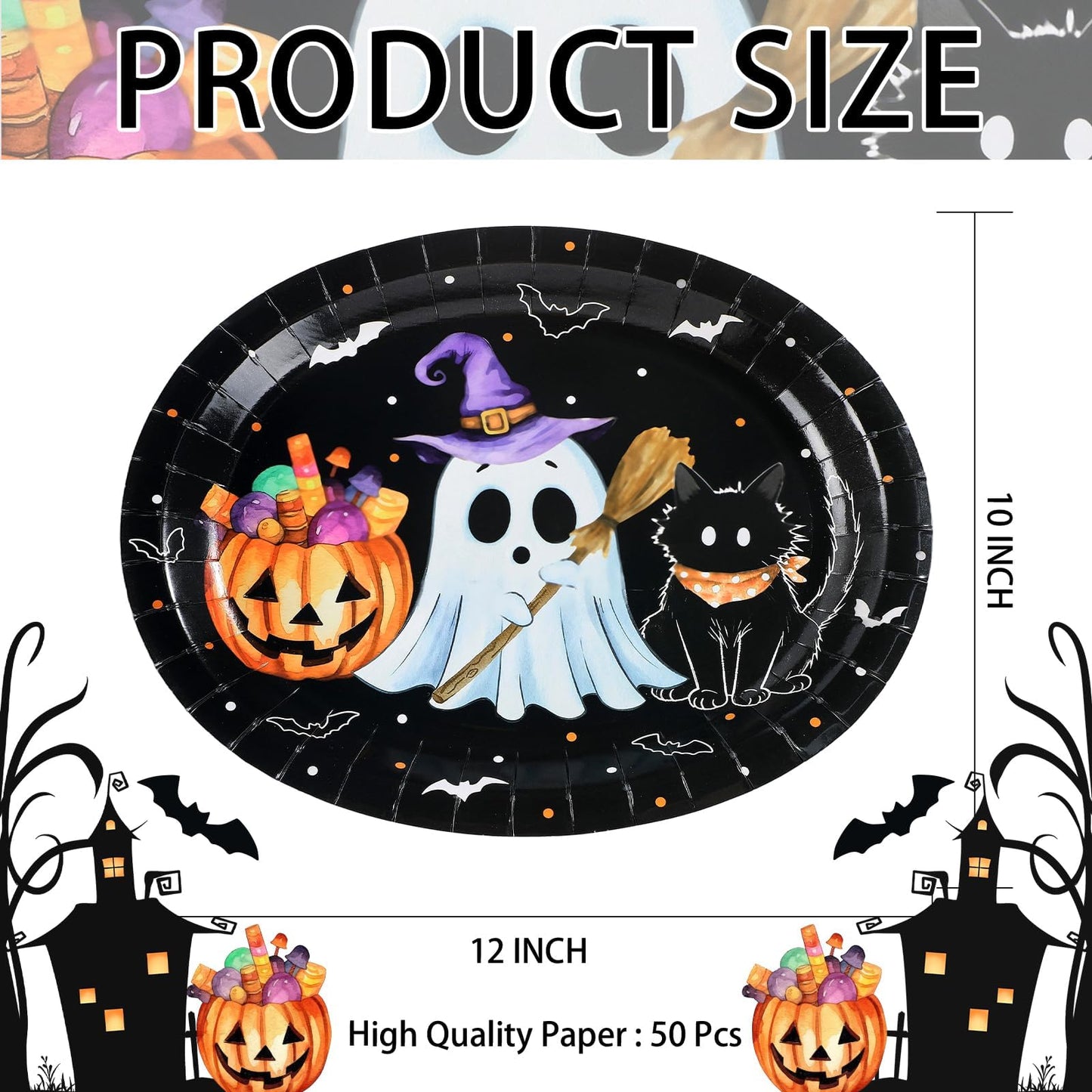 50Pcs Halloween Oval Paper Plates 10" x 12" Large Disposable Heavy Duty Cute Pumpkin Ghost Black Cat Paper Platters Jack-O-Lantern Dessert Plates for Halloween Birthday Holiday Party Supplies