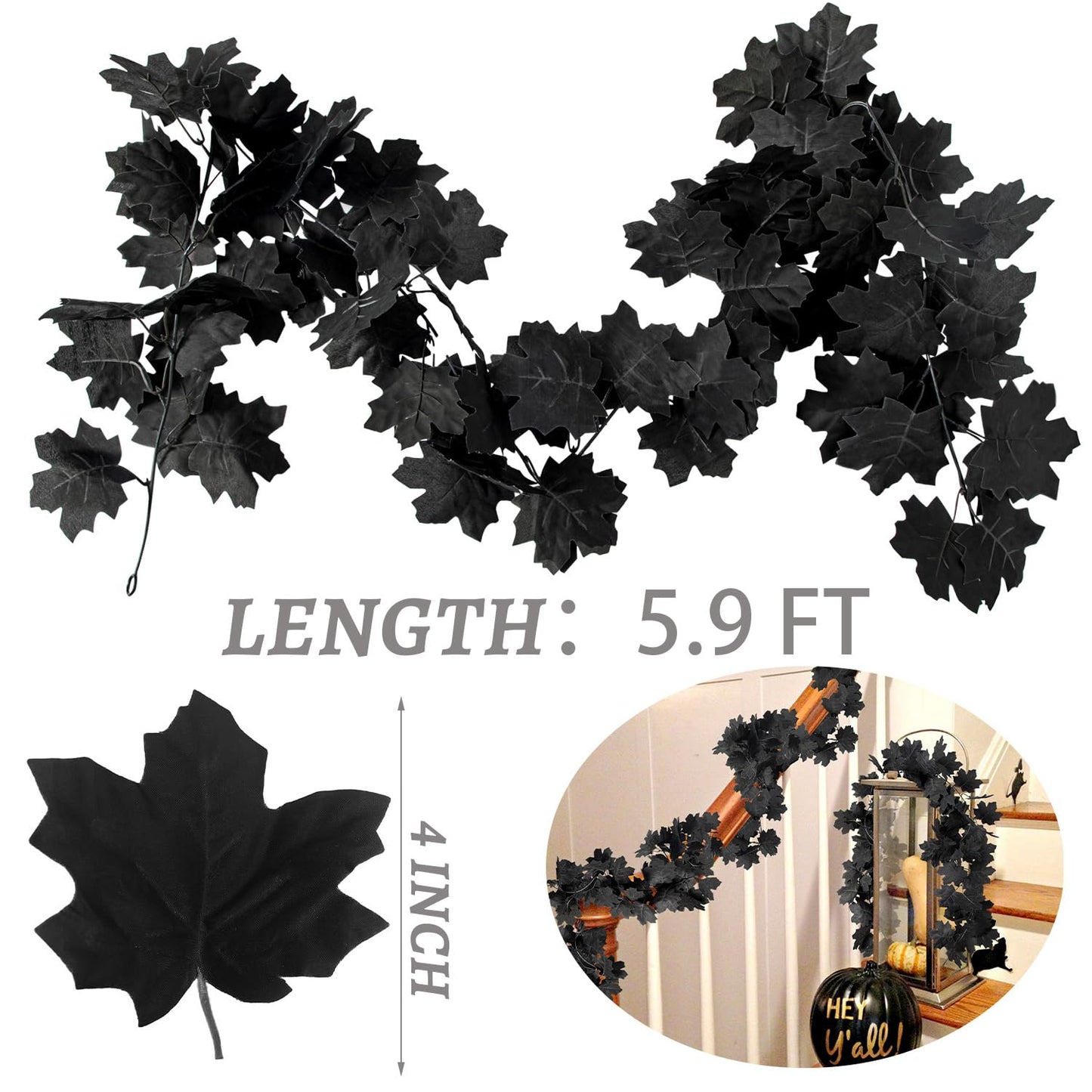 Black Leaf Garland, 4PCS Halloween Artificial Hanging Fall Leave Maple Vines, Fall Floral Garlands Thanksgiving Decor for Home Wedding Party (23.6FT)