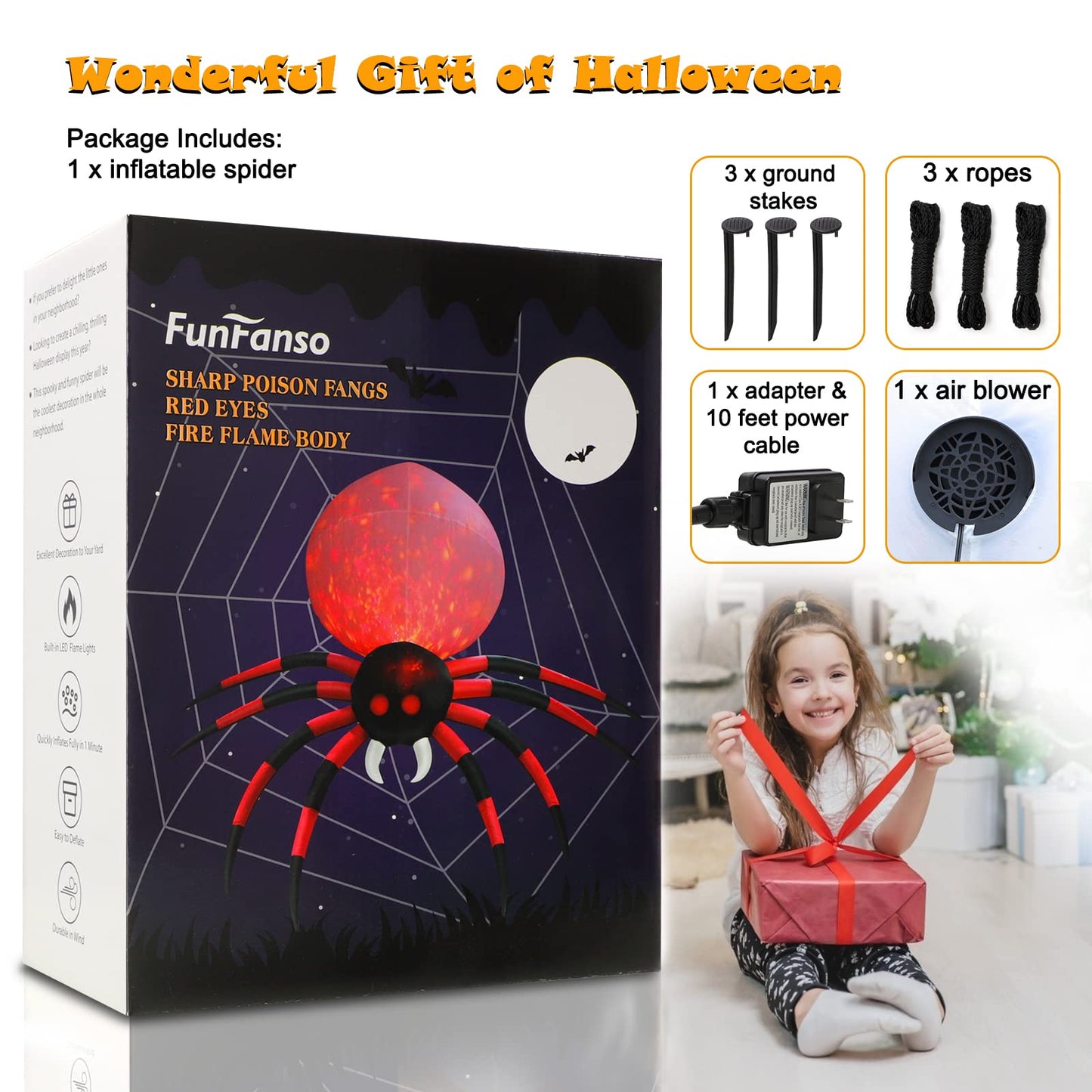 8 FT Halloween Inflatable Spider Outdoor Decorations for Yard, Giant Crawling Spider with LED Rotating Flame, Large Creepy Spider Props for Halloween Party Garden Lawn Patio Outside House Window Decor