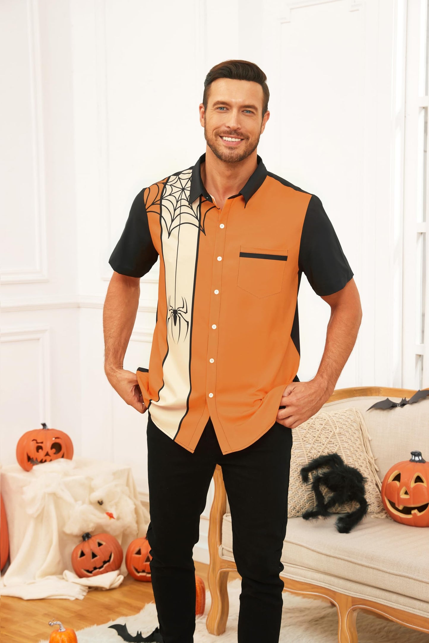 WHO IN SHOP Men's Halloween Shirts Cute Scary Horror Short Sleeve Button Up Shirt