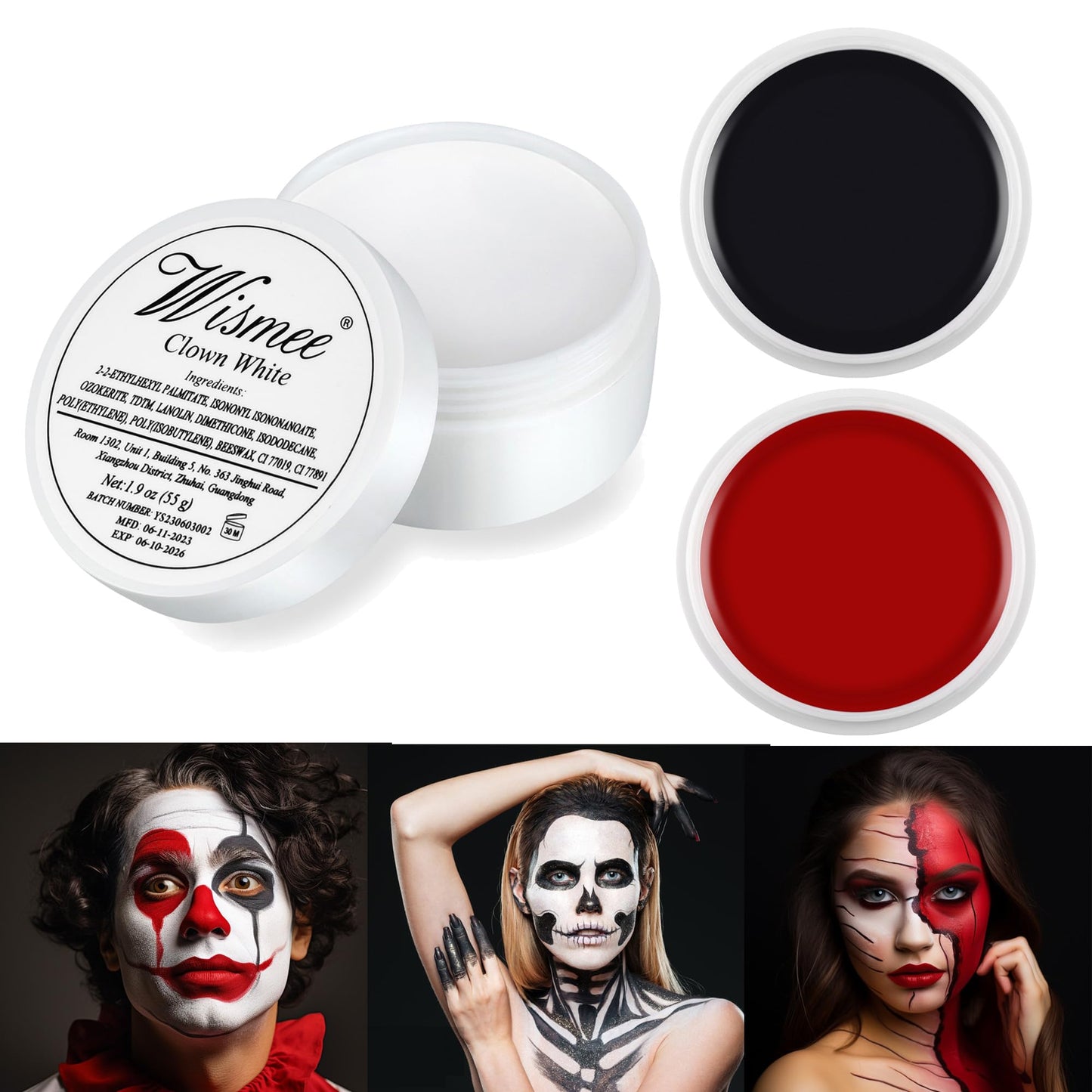 Wismee Clown Makeup Black White Red Cream Face Body Paint Clown Joker Zombie Vampire Skeleton Halloween Costume Fantasy Makeup Fancy Dress Up Cosmetics Set Oil Painting Art (White Red Black)
