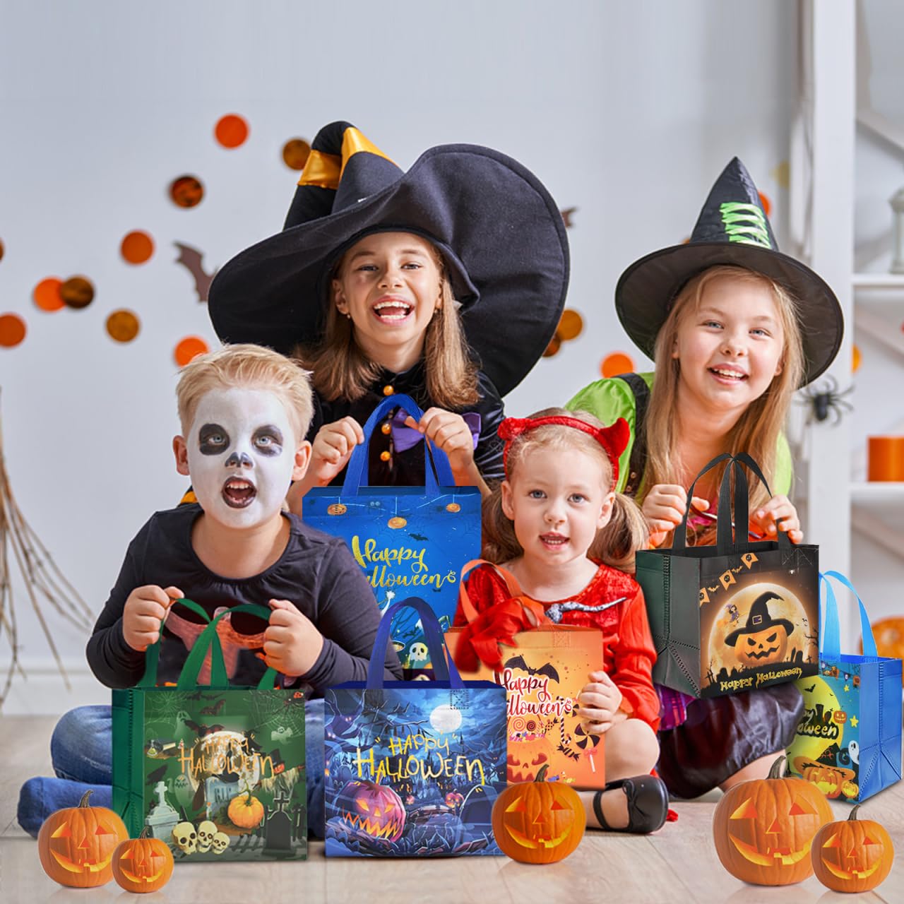 AhfuLife 12 Pcs Halloween Trick or Treat Bags, Candy Tote Bags with Handles, Reusable Non-Woven Gift Bag for Halloween Party Supplies Favors (7.8×7.8×5.9’’)