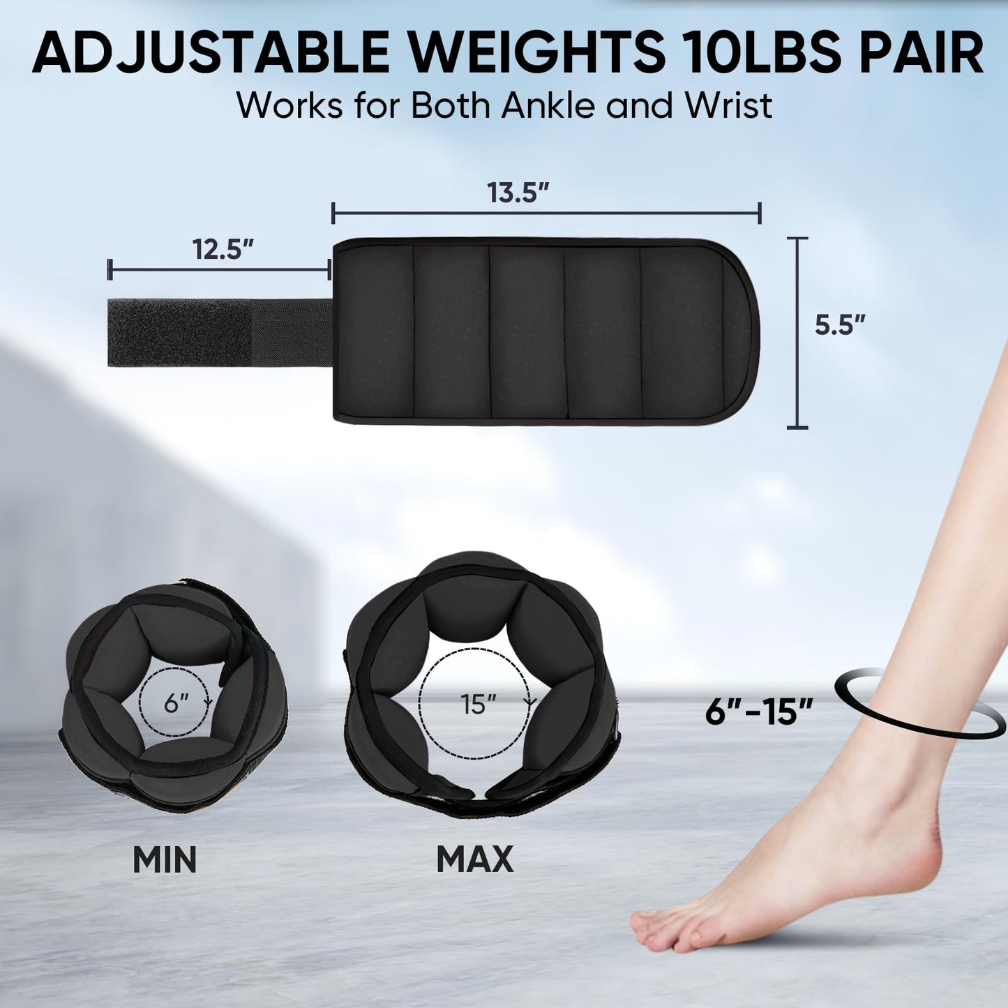 APEXUP 10lbs/Pair Adjustable Ankle Weights for Women and Men, Modularized Leg Weight Straps for Yoga, Walking, Running, Aerobics, Gym (Black)