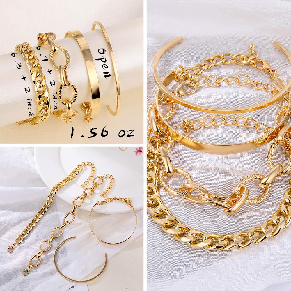 IFKM 6 PACK (24 PCS) Boho Gold Chain Bracelets Set for Women, 14K Gold Plated Multiple Layered Stackable Open Cuff Wrap Bangle Adjustable Link Italian Cuban Jewelry for Women Gift