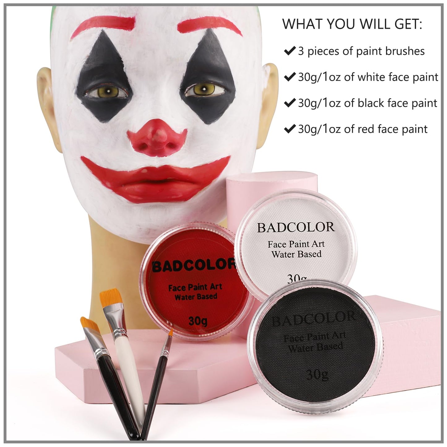 White Black Red Joker Clown Face Body Paint with Brushes for Halloween Makeup, Water Based Face Painting Kit Non Toxic for Kids & Adults, Facepaint Set for Skull Witch Goth Vampire SFX Cosplay Make Up