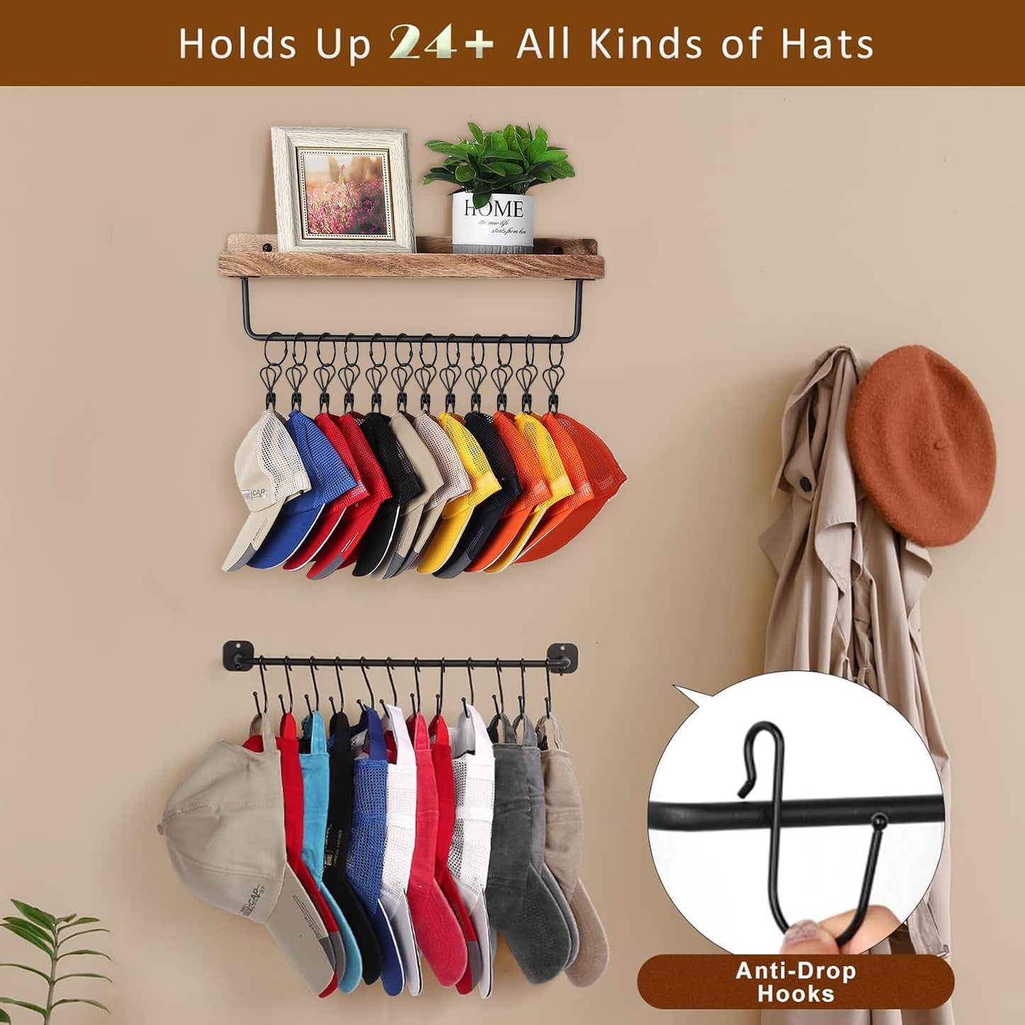 HYDERMUS Hat Organizer for Baseball Caps Wall Mount with Shelf Hat Hanger Metal Hat Holder Rack for Closet Wall Storage Organization Display Carbonized Black