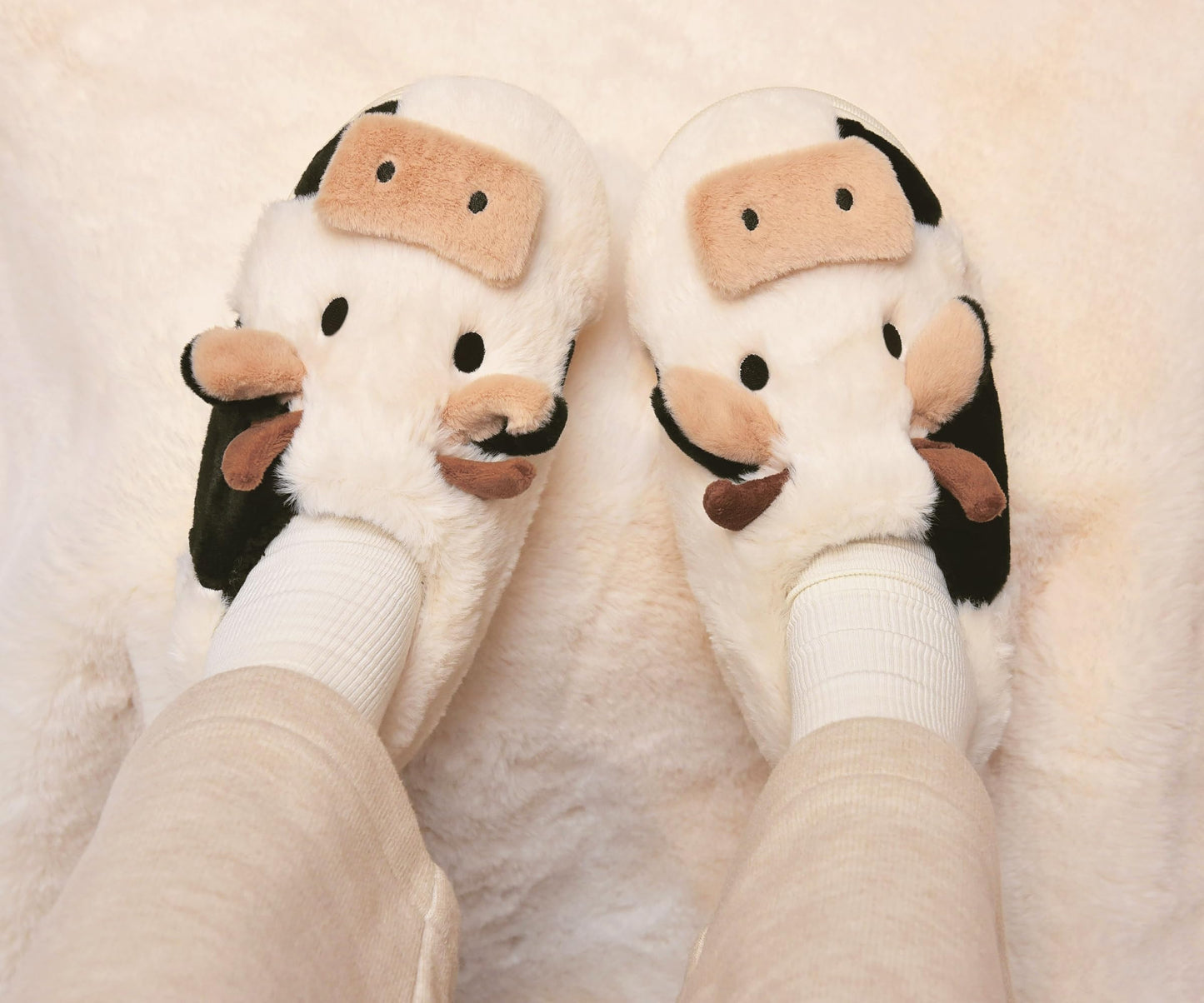 Boonble Fuzzy Cow Slippers for Women Men Adults, Fluffy Plush and Cozy House Shoes for Indoor Outdoor Bedroom, Warm Furry Cotton Slipper Open Heel for Winter Spring Fall 5.5-6.5