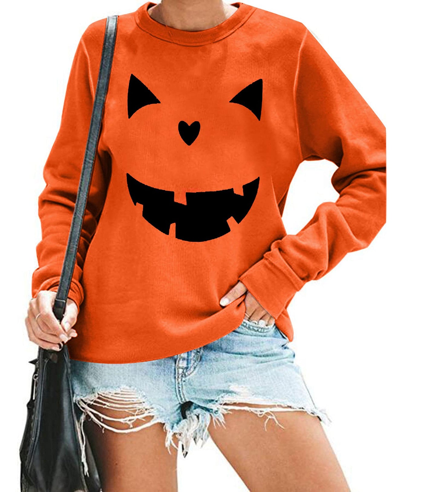 Women's Halloween Pumpkin Face Long Sleeve Sweatshirts Casual Pullover Tops size Large (Orange)