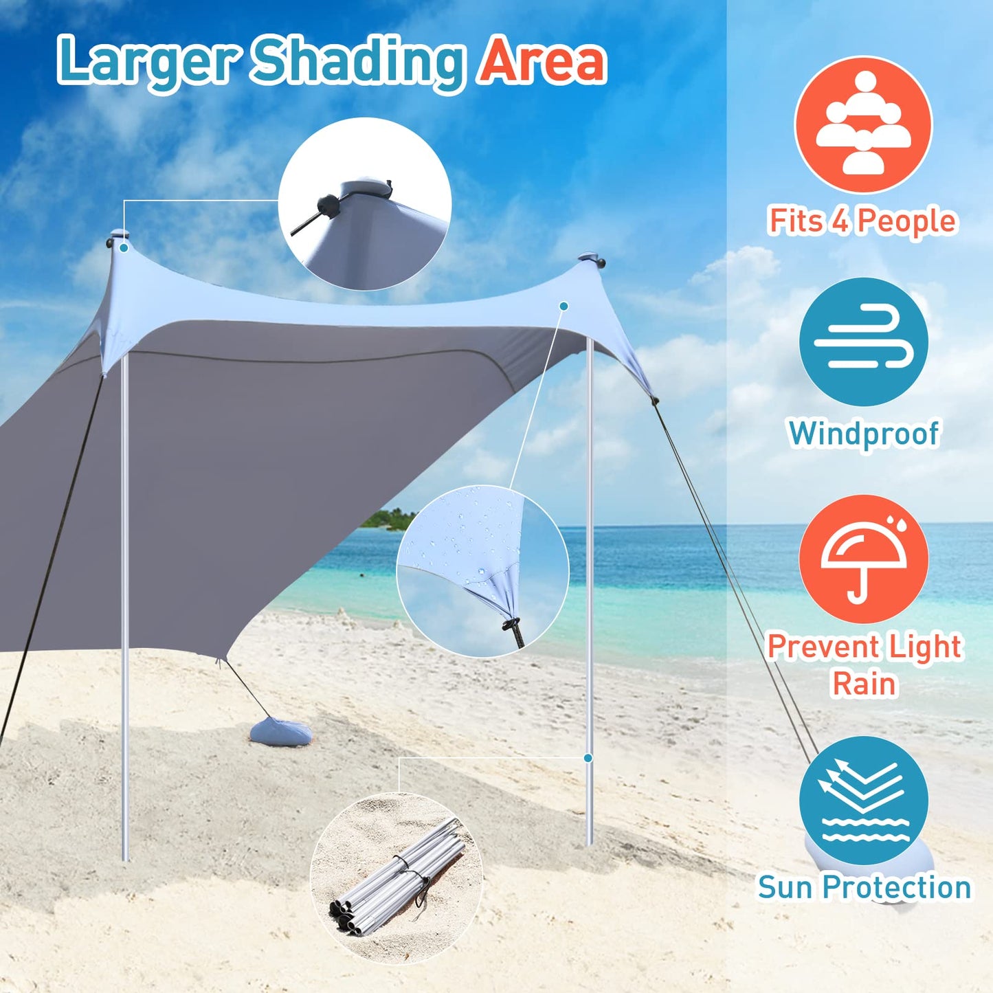 Beach Tents Pop Up 4-5 Person UPF50+, Popup Canopy Shade Camping Sun Shelter Portable with Carrying Bag, Outdoor Sunshade for Trips, Fishing or Grass Picnic (7x7 Ft 2 Pole, Blue)