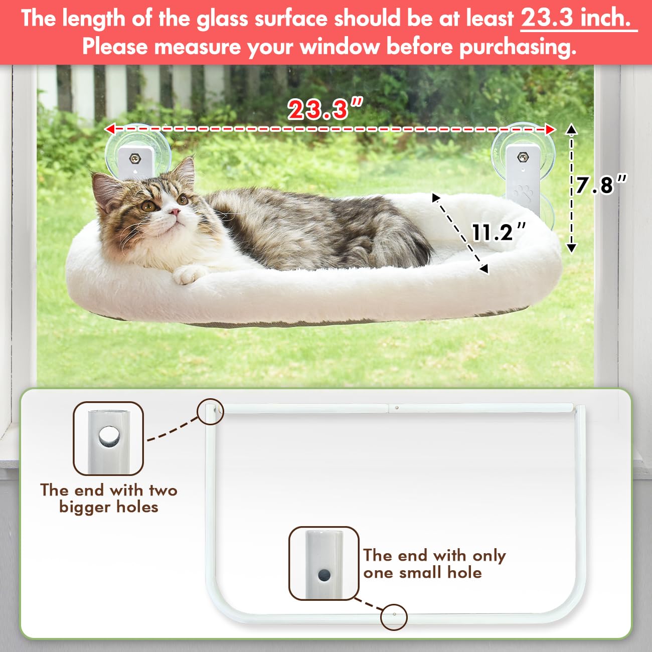 AMOSIJOY Cordless Cat Window Perch, Window Hammock for Cats with 4 Strong Suction Cups, Solid Metal Frame and Soft Cover, Indoor Cat Bed