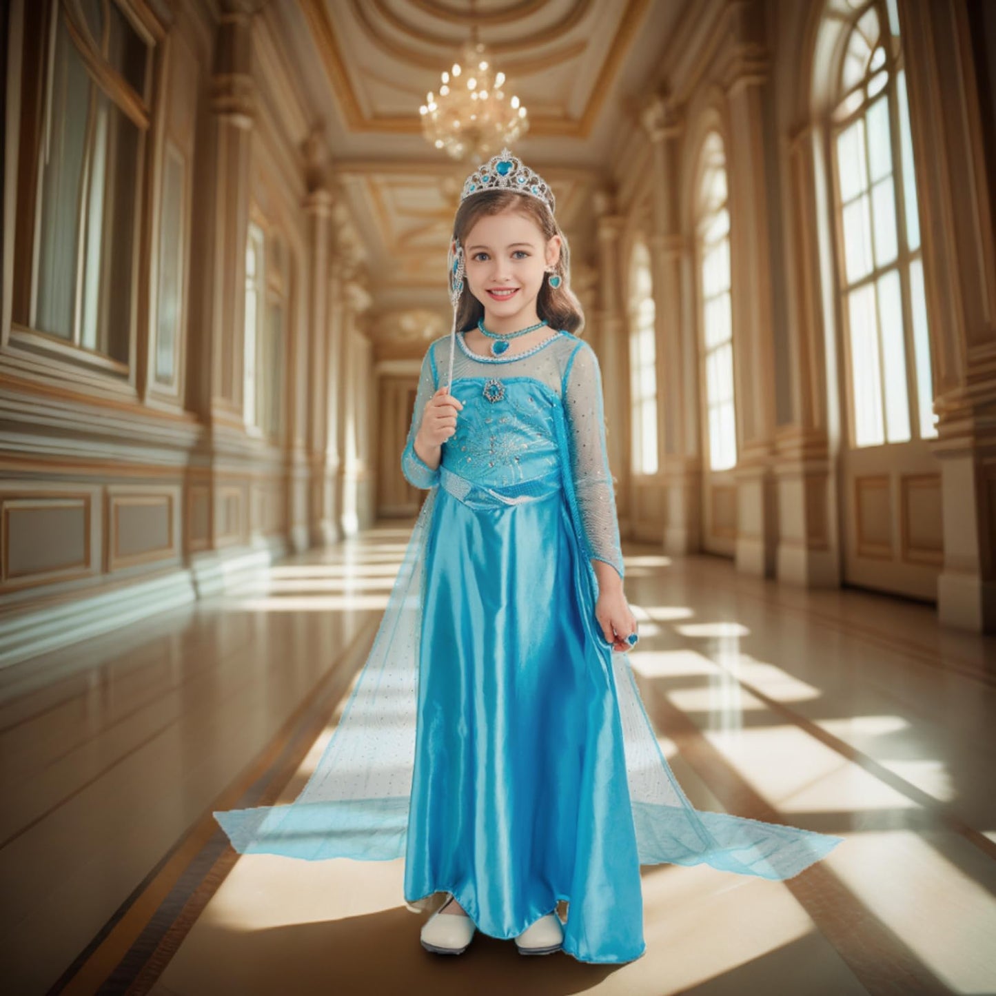 AHLPO Elsa Dress for Girls Princess Dress Up Halloween Cosplay Elsa Costume Fancy Dress Birthday Outfit with Accessories