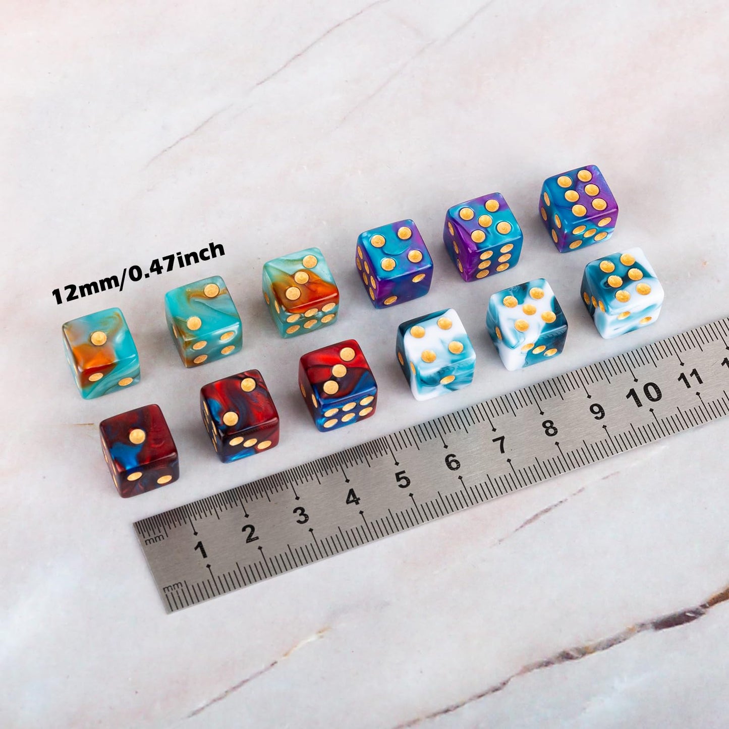 48 PCS 12mm Marble Polyhedral D6 Dice Square Corner 6 Sided Dice MTG Dice Set for Board Game RPG DND Yahtzee or Math Learning