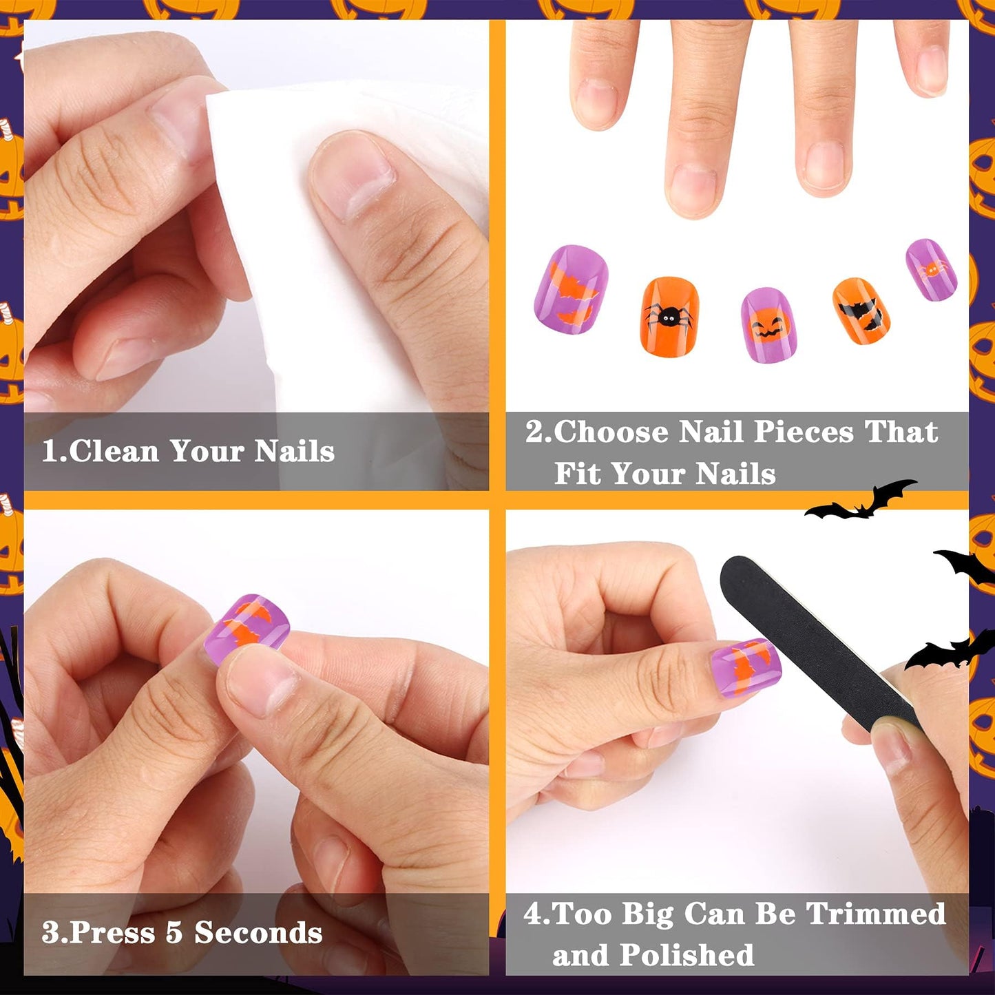 JANYUN 96 Pcs Kids False Nail Full Cover Short Fake Nails Children Nail Tips for Kids Little Girls Lovely Gift Nail Art Decoration (Halloween Theme)