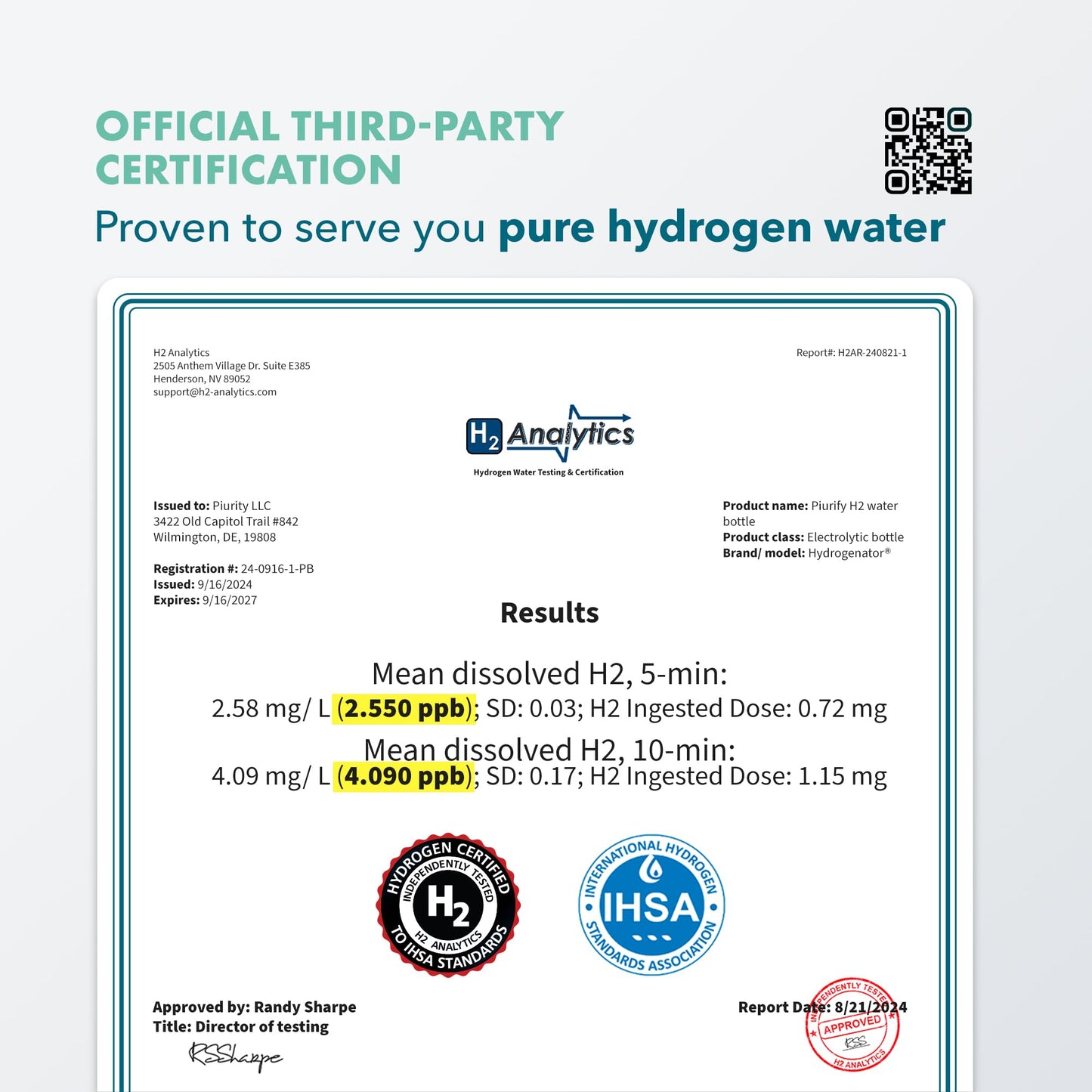 Hydrogen Water Bottle Generator - Up to 4100+ PPB - SPE/PEM Technology - Certified H2 Generator - Portable Athletic Performance & Hydration System - 6-Hour Hydrogen Retention, 10 oz (Turquoise)