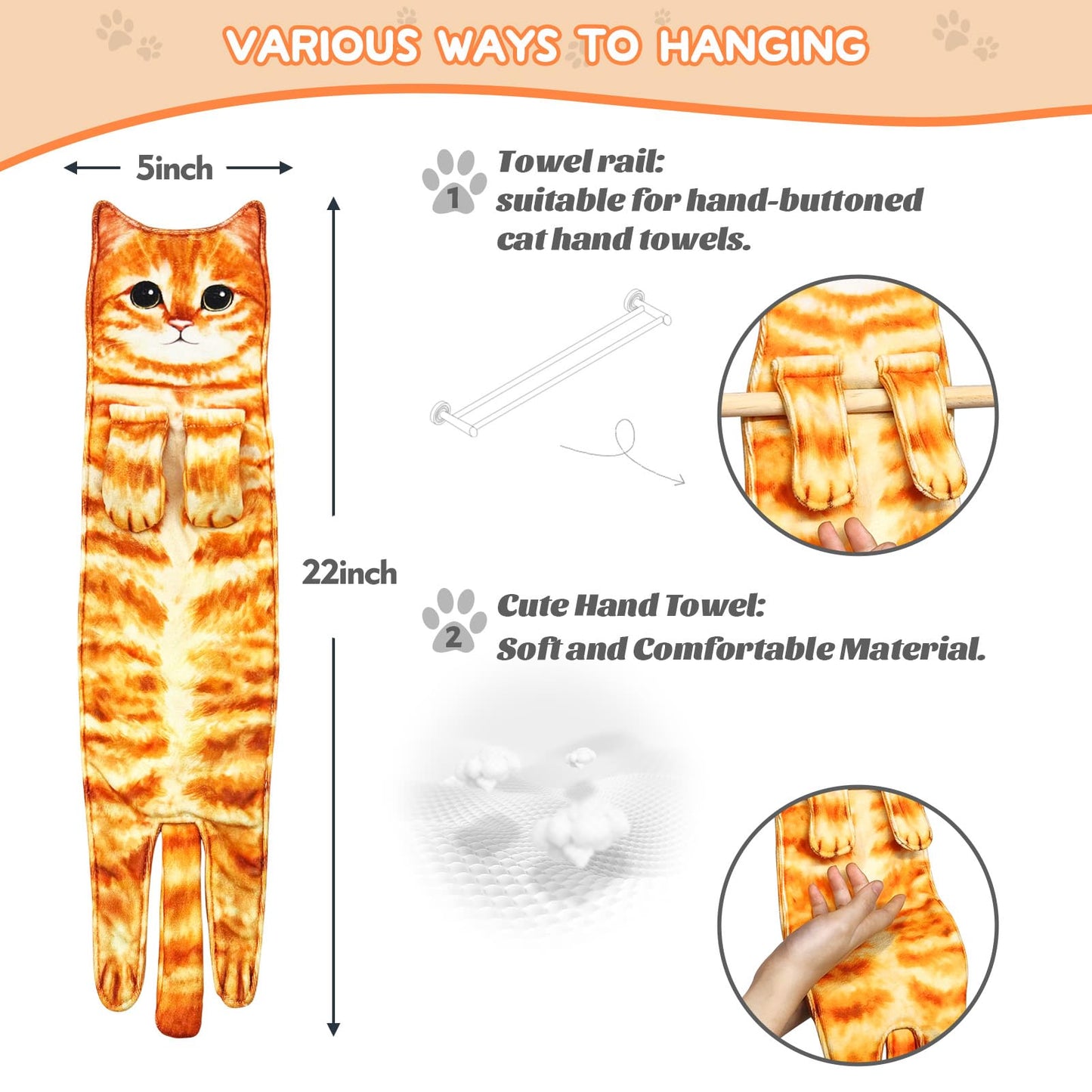 Infaccial Funny Cat Hand Towel for Kitchen and Bathroom,Decorative Hanging Cat Towels for Cat Lovers,Christmas Cat Gifts for Women(Orange Cat)