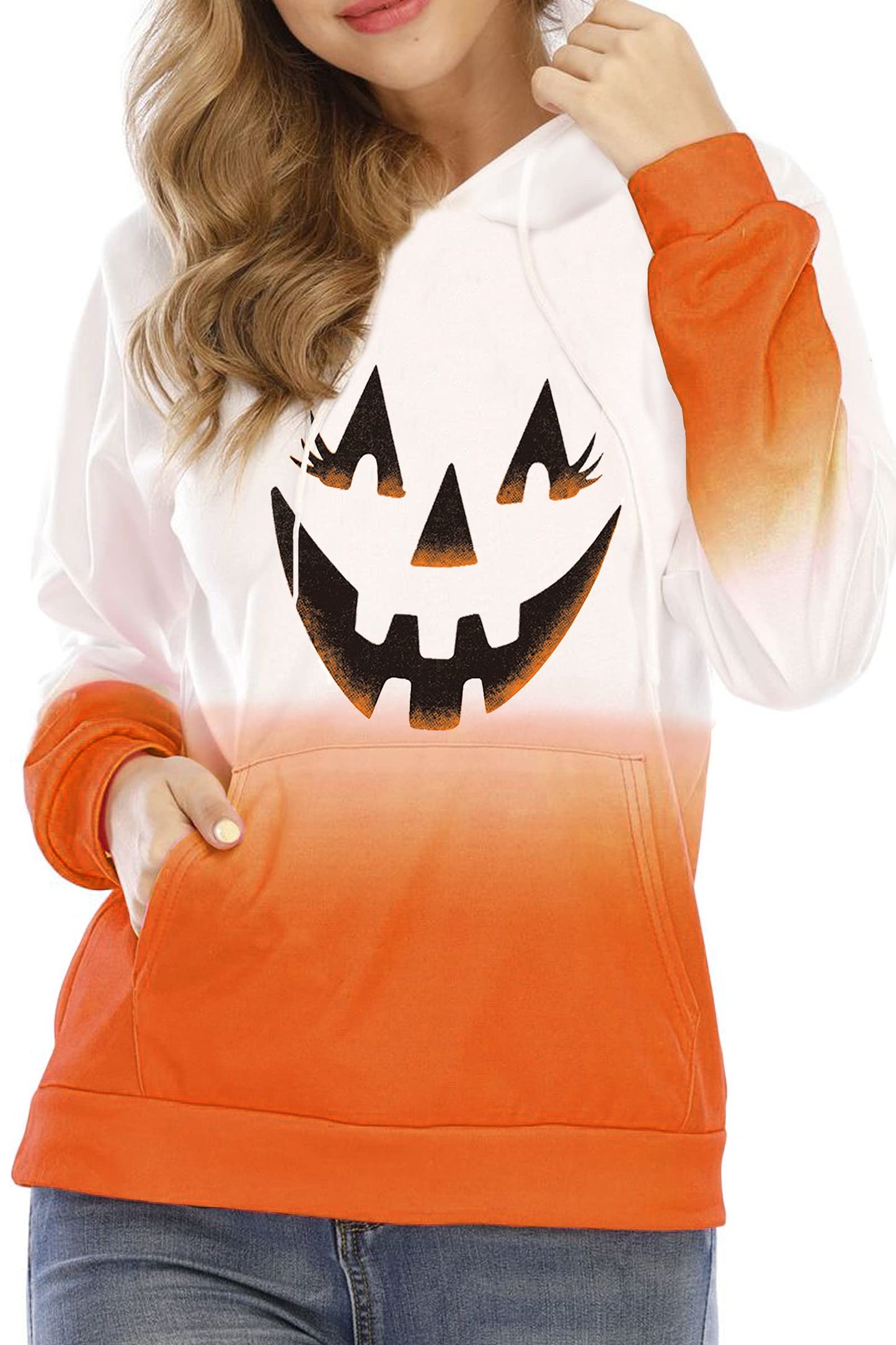 HVEPUO Woman Fall Halloween Pumpkin Hoodie Orange Tie Dye Ombre Graphic Yellow Hoodie Fashion Sudaderas Para Mujer Cute Hoodies Kawaii For Teen Girl Orange Pumpkin L