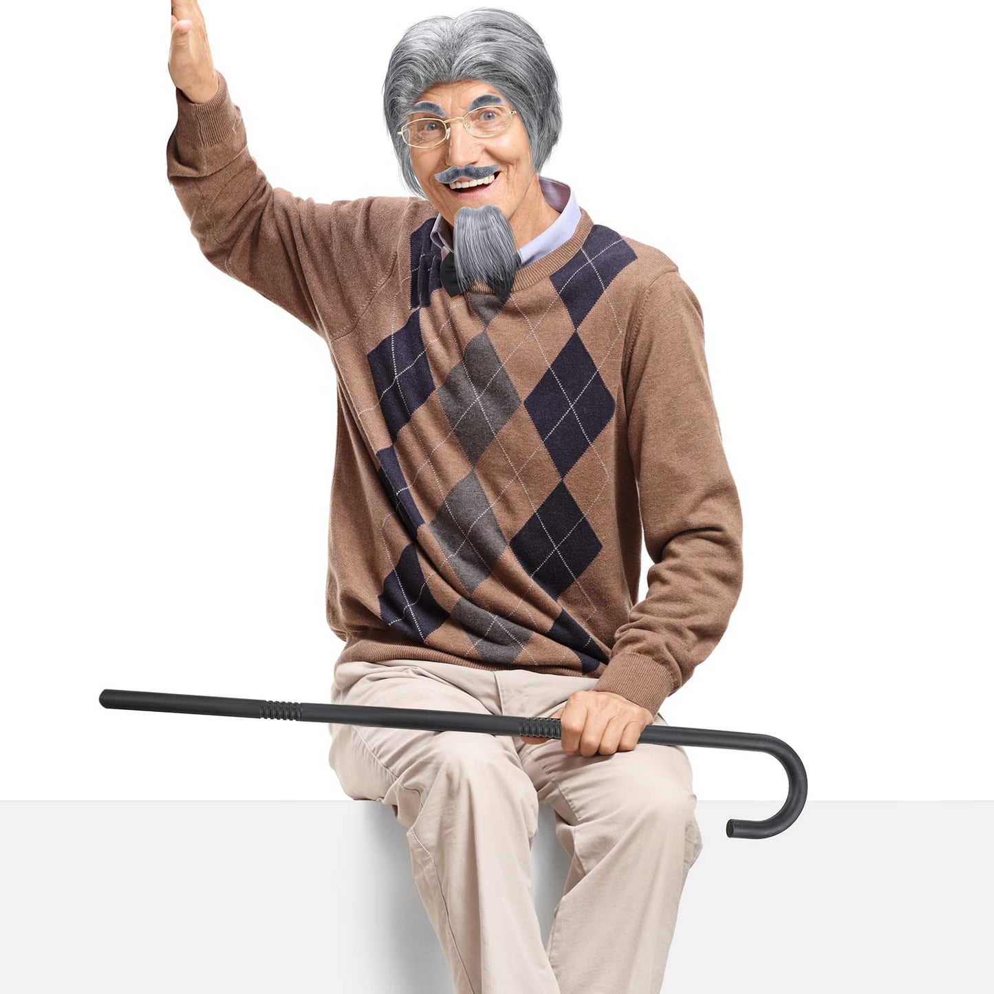 WILLBOND 8 Pcs Old Man Costume Old Man Wig Cane Glasses Faux Eyebrows Mustache Suspenders Bow Tie for Grandpa Halloween Cosplay(Dark Gray)
