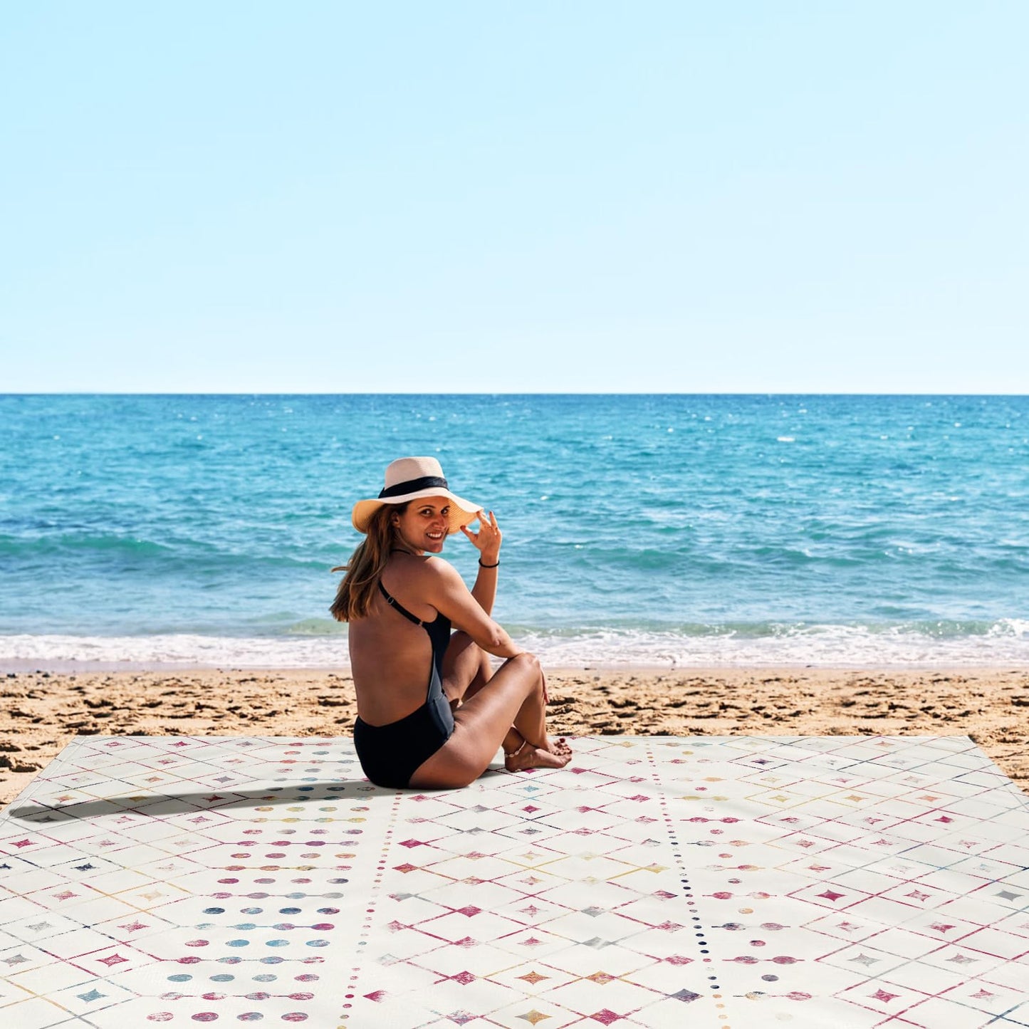 Boho Moroccan Beach Blanket Sandproof, Large 78"×86" Beach Mat Sand Free Waterproof Fits Up to 4 Adult, Compact Quick Dry Polyester Outdoor Picnic Blanket with Stakes for Travel, Camping, Hiking