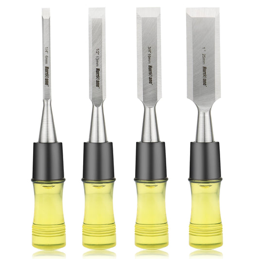 HURRICANE 4 Piece Wood Chisel Set for Woodworking. CR-V Steel Beveled Edge Blades with Safety Caps. Durable PVC High Impact Handle, for Precision Carving & DIY Projects (1/4", 1/2", 3/4", 1")
