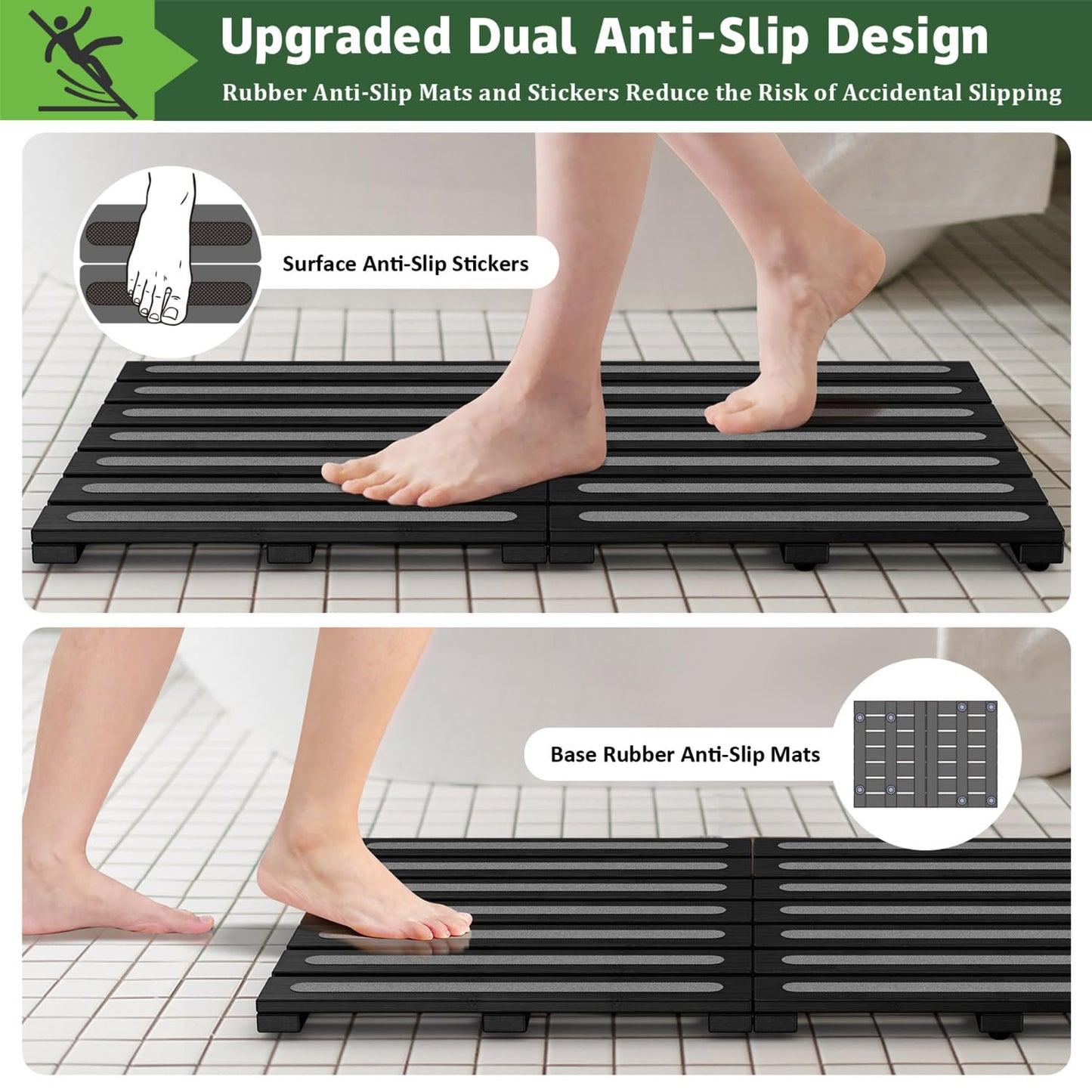 Bamboo Bath Mat for Shower, Dual Anti-Slip for Surface & Bottom, Waterproof Foldable Shower Mat, Easy to Carry and Storage, Perfect for Indoor Outdoor (Black, 26.77×16.14×1.14 Inches)