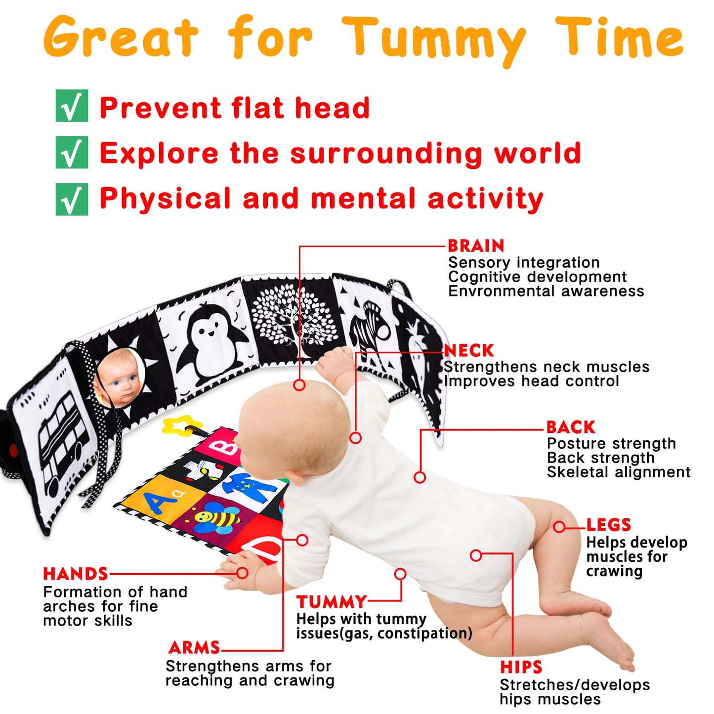 4 PCS Black and White High Contrast Baby Toys 0-3-6 Months Newborn Essential Montessori Toy for Babies Crinkle Sensory Book Brain Development Tummy Time Mirror Infant Carseat Rattle Easter Shower Gift