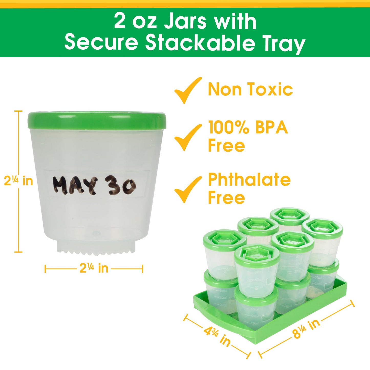 Baby Food Storage Containers w Write What You Want Lids (12 Pk) - 2oz Reusable Leakproof Plastic Jars & Tray- Freezer, Microwave & Dishwasher Safe- BPA/PVC Free, Compatible w Bullet Blender, Gift